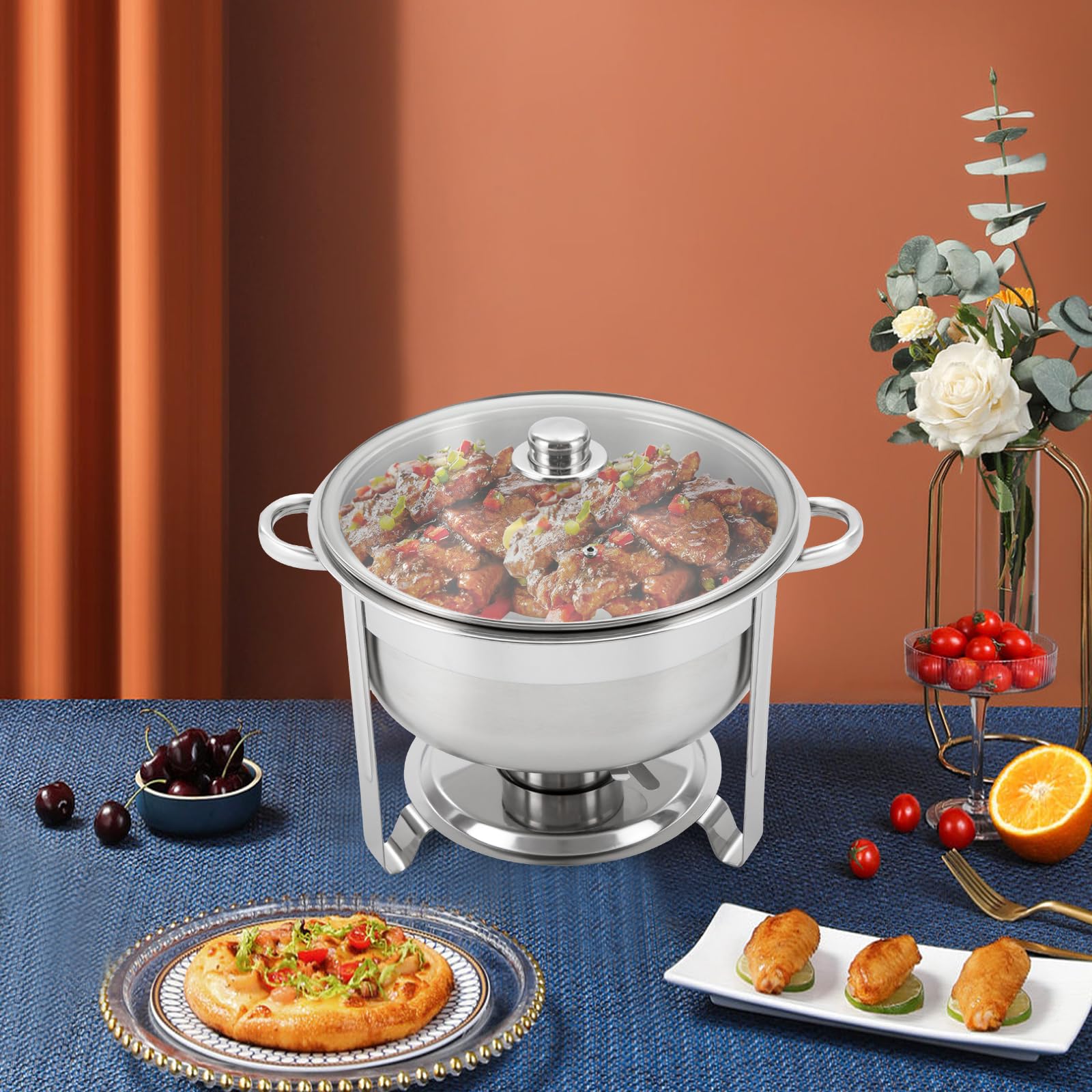 Set da buffet rotondo Chafing Dish in acciaio inox con padella e coperchio, contenitore termico per alimenti, per feste, cene, hotel e altre occasioni