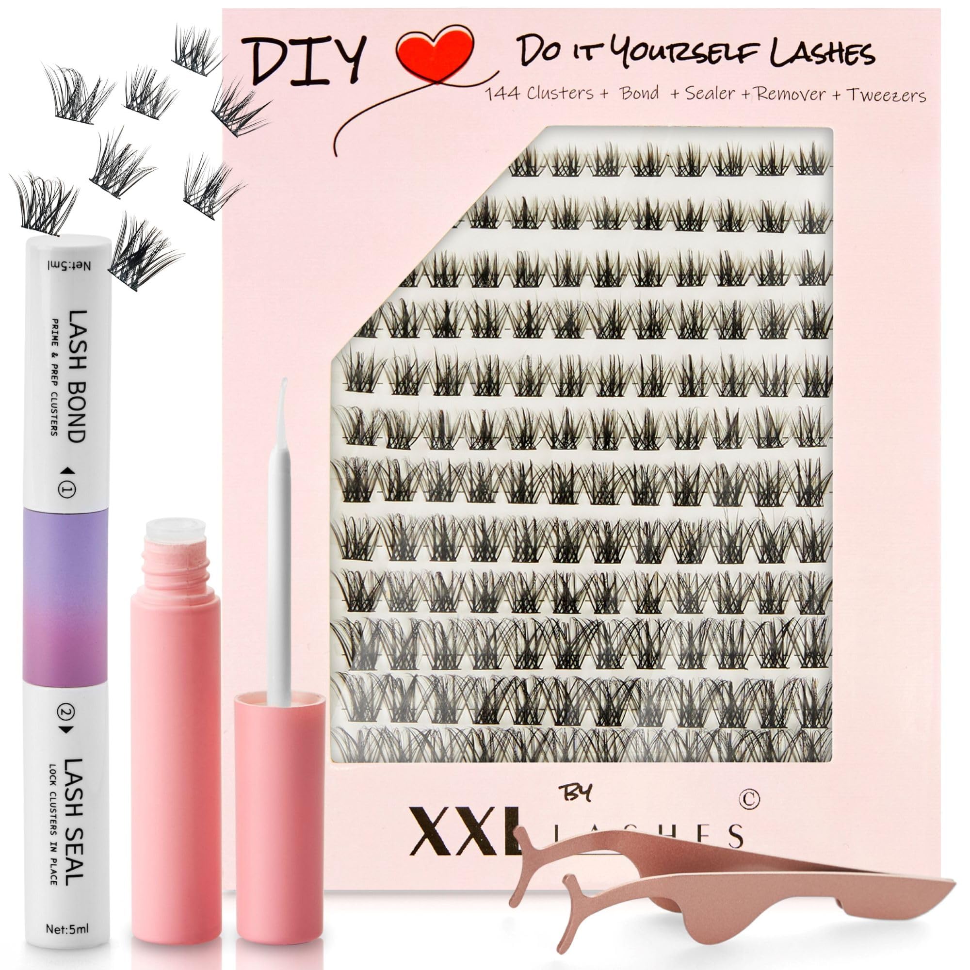 Kit de pestañas DIY, Do it Yourself Lashes, juego de extensión de pestañas XXL Lashes, 144 pestañas en racimo en 5 longitudes diferentes, incluyendo pegamento/adhesivo (Hybrid)