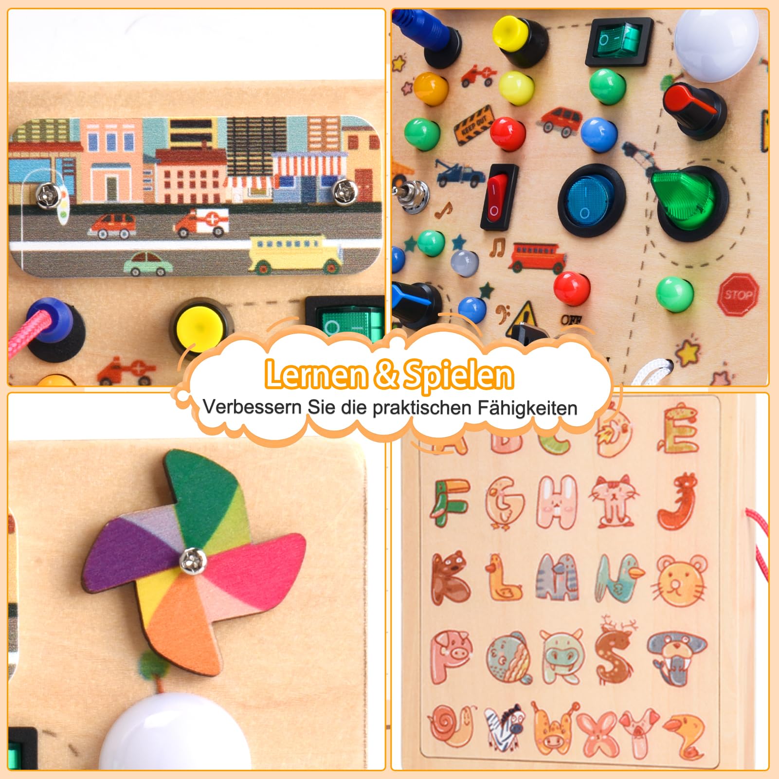Nauotk Busy Board Montessori Spielzeug für Babys ab 2 Jahr, Motorikspielzeug mit 19 LED, Holzspielzeug Sensorik, Lernspielzeug für Kleinkinder, Geschenk Jungen und Mädch ab 2 3 4 Jahr