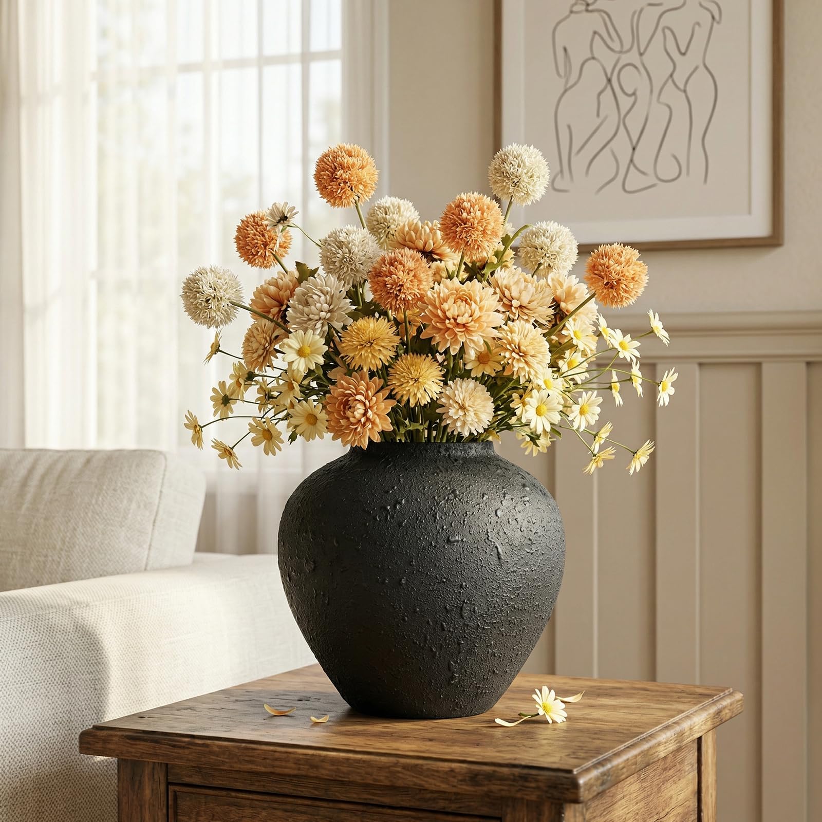 Jarrón redondo grande negro de 11 pulgadas para flores, metal rústico | Jarrón grande de hierro mate para centro de mesa moderno de granja, decoración de sala de estar, hogar