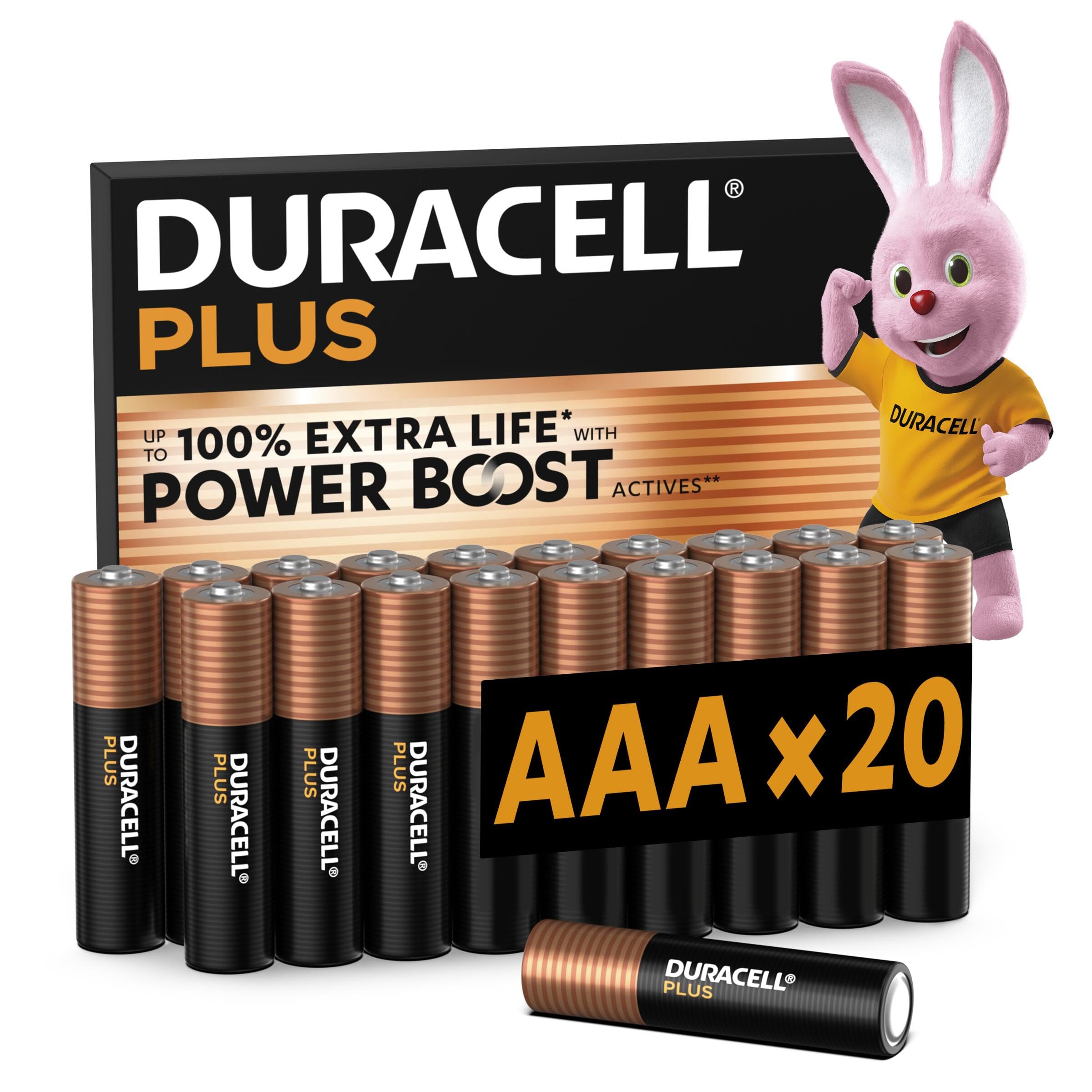 DURACELL Plus AAA Batteries (Pack of 20) – 1.5V Alkaline Batteries – Last Up to 100% Longer with Power Boost Active – Reliable for Your Everyday Devices – 0% Plastic Packaging – MN2400
