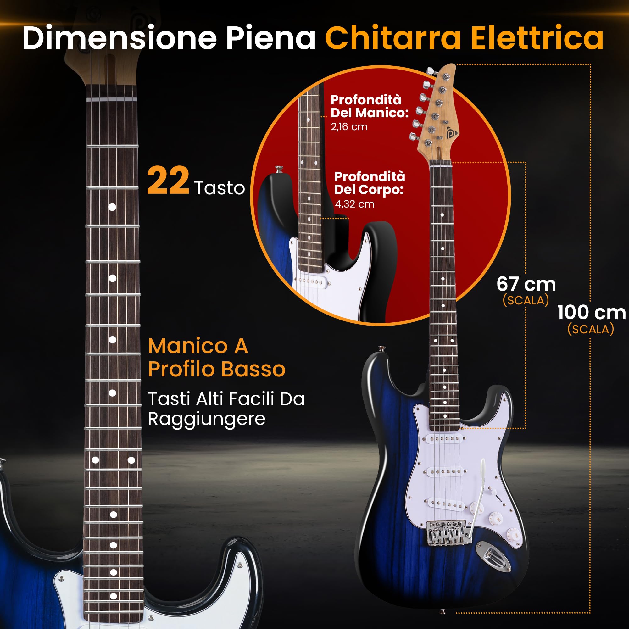 Pyle Chitarra Elettrica 99 cm con Amplificatore Bluetooth, Chitarra Kit Completo, Guitar con Cavo Jack 6,35 mm, Custodia, Cinghia, Corde, Plettri, Pickup ST, Blu Sfumato