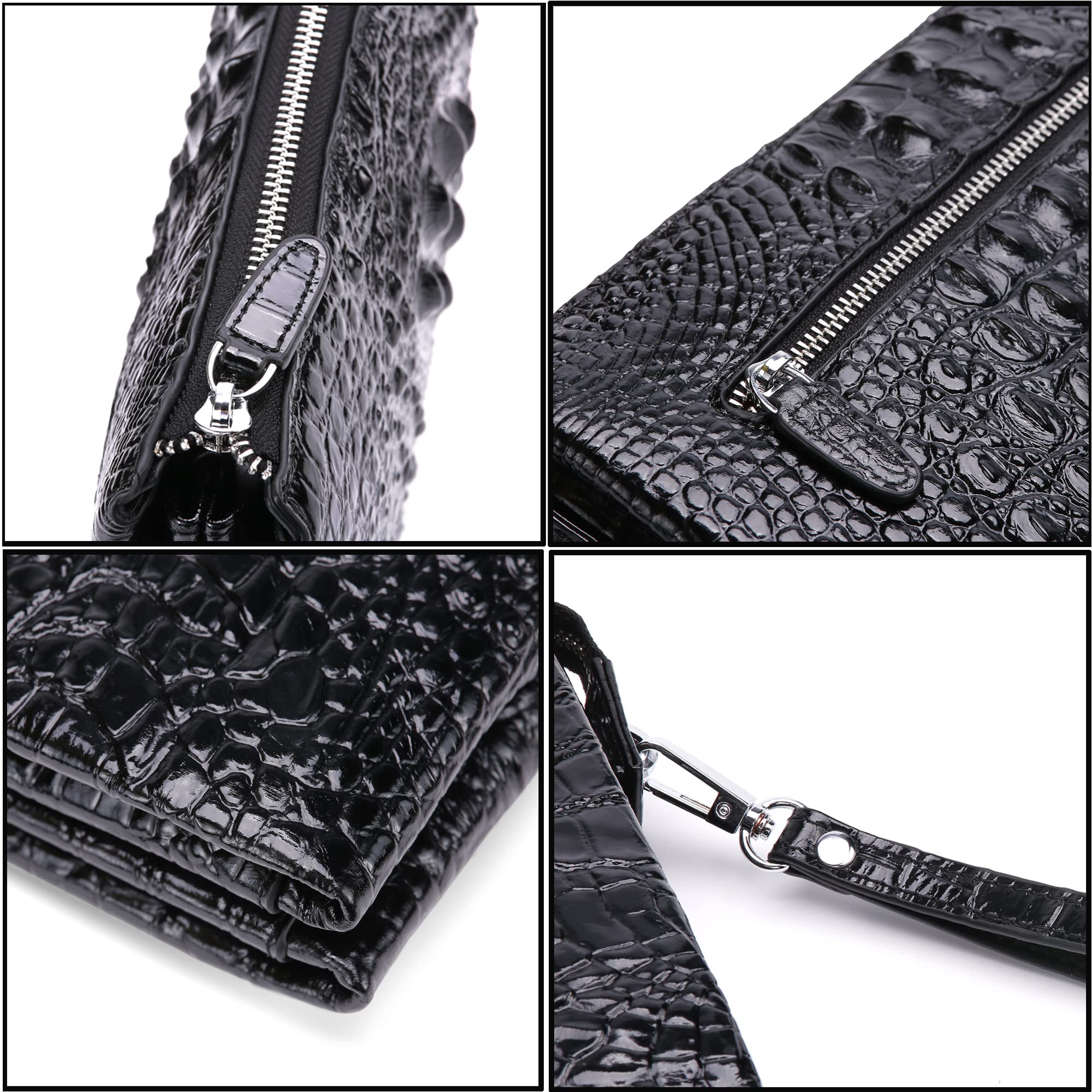 Pochette da uomo in vera pelle borsa da polso borsa busta borsa coccodrillo goffrato portafogli con cerniera personalizzata…, nero-02, grande,, Nero-02, Large