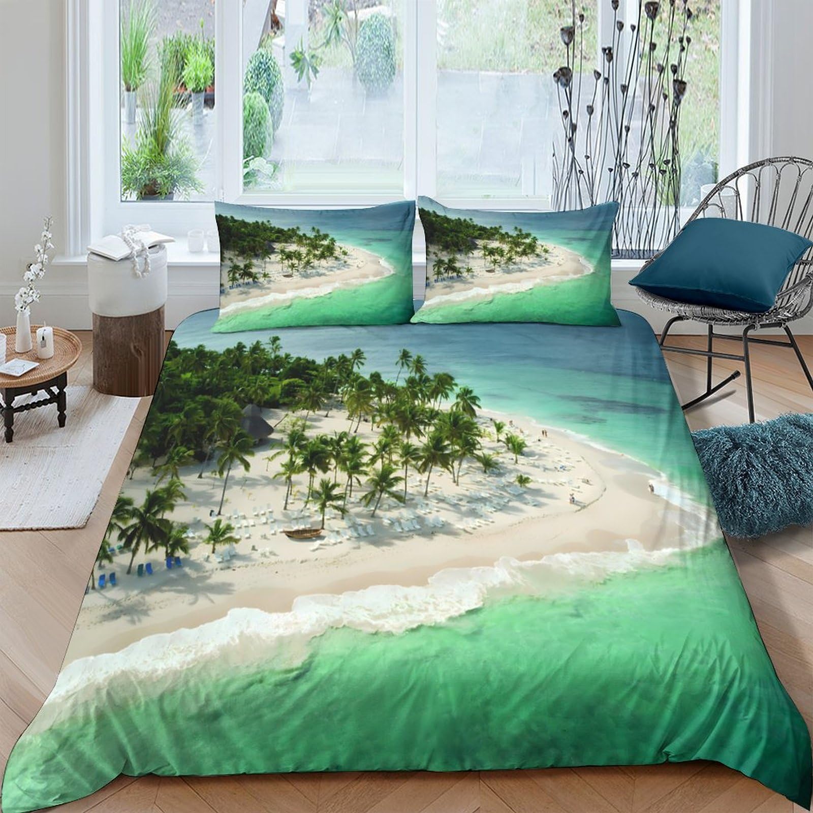Ctjqhvkz Style-1 3D Printed Tropical Island Fitted Sheet Microfiber Soft Green Ocean Beach Mattress Cover For Bedroom Guestroom Decor Single（135X200cm）