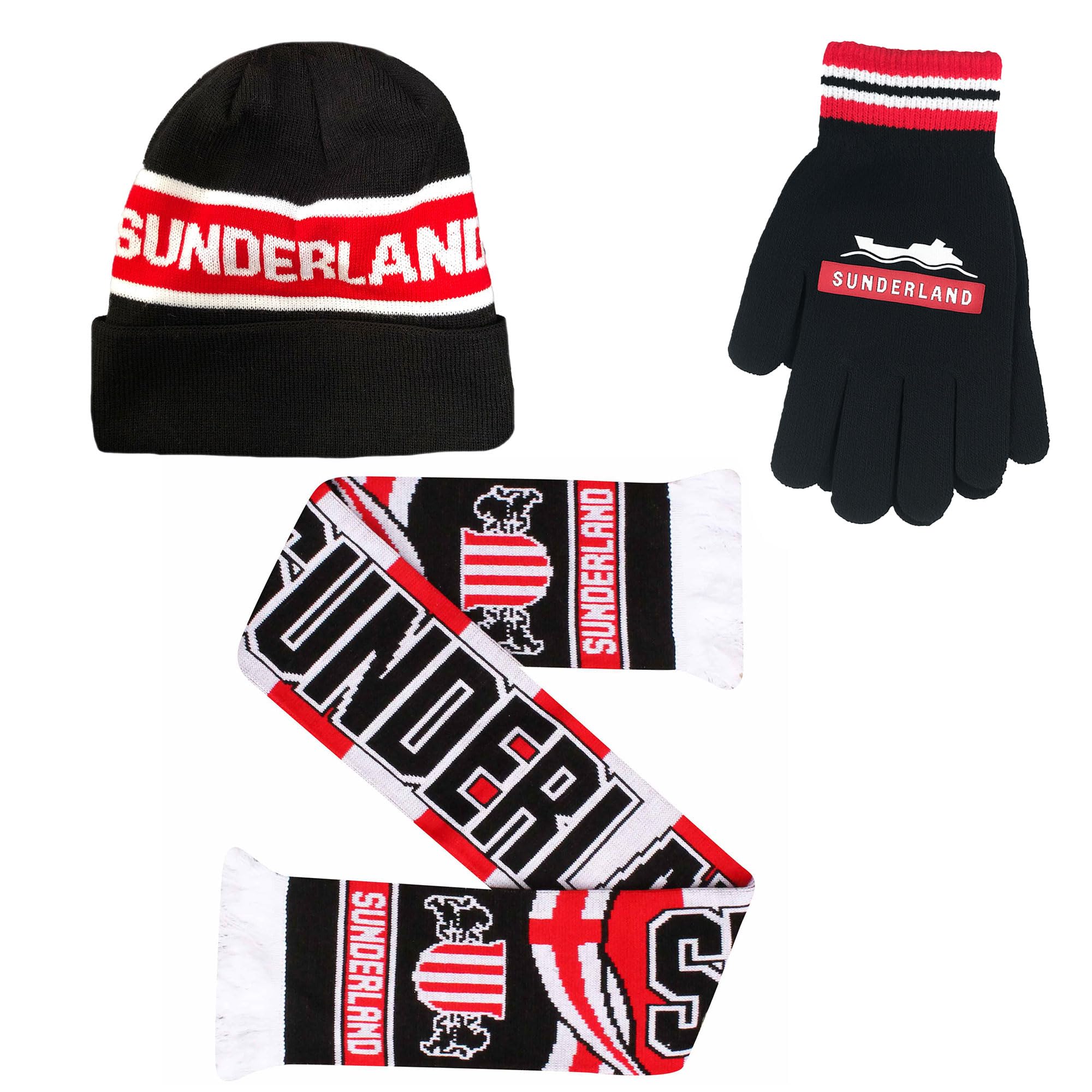 Beyond Happy Sunderland Bronx Hat, Scarf & Gloves Set - Adult, Unisex Mackems Football Winter Accessories Set