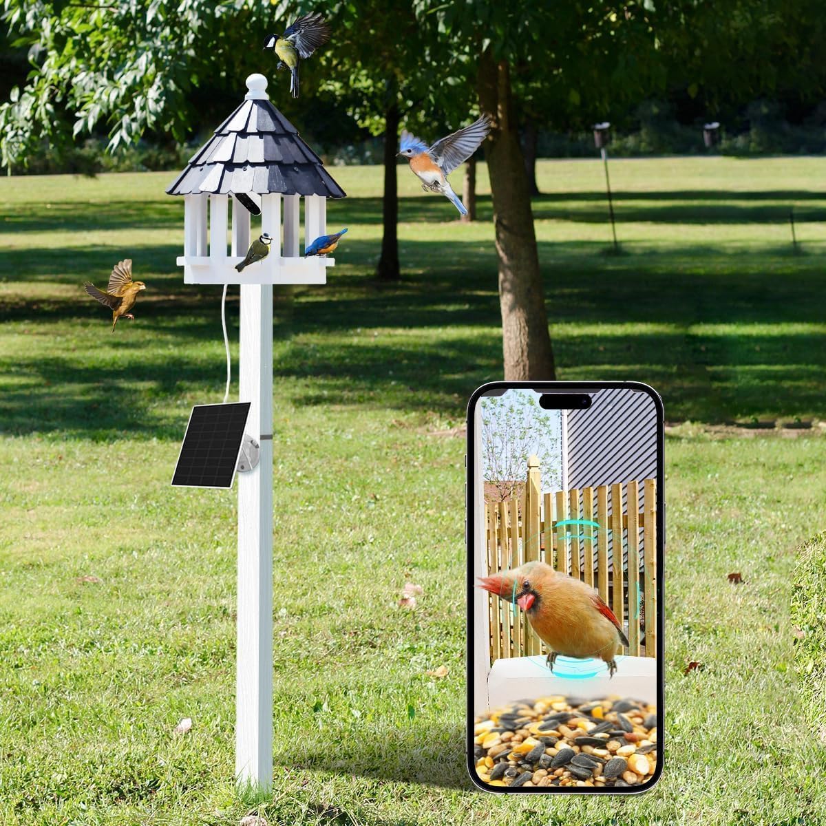 2026 XL Gazebo Bird Feeder for Outside Post, Water Proof Shingle Thick Metal Roof Bird House Birdfeeder for Post Mount, Flythrough Style Black 10 Lbs Capacity 15" x 15" x22" Without Post