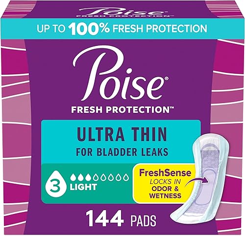 Poise Ultra Thin Pads - Toallas ultradelgadas para incontinencia de absorción ligera, 144 unidades (3 paquetes de 48 unidades) (el empaque puede