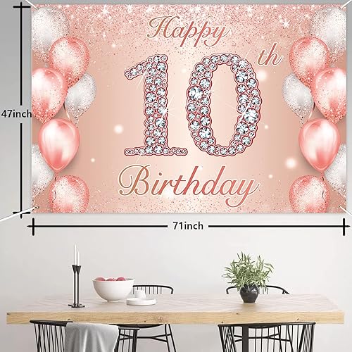 Miniatura 2 de Cartel de feliz cumpleaños número 10 de oro rosa, globos de confeti para niñas de 10 años, decoración de fiesta de cumpleaños rosa, suministros de