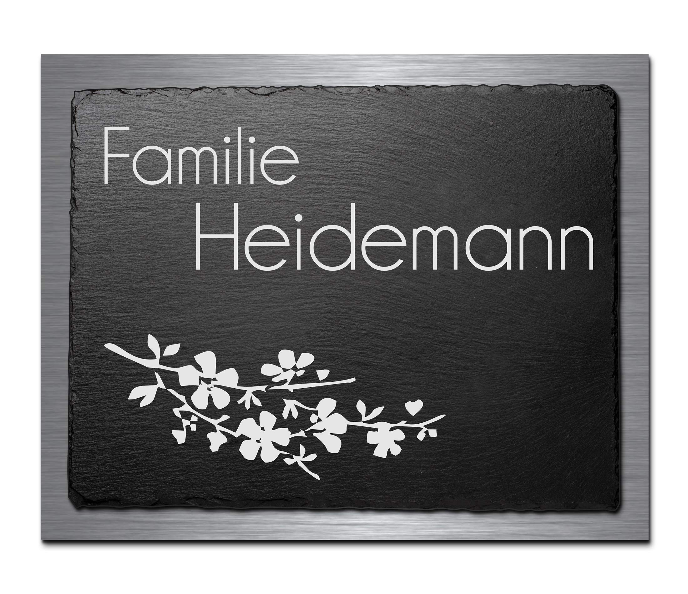 Premium Hausnummer und Namensschild aus einzigartigem Schiefer und V2A Edelstahl mit Gravur Straßennamen Zahlen Ziffern, Namen sowie Zusätze und Motive Größe: 20x16 cm Schiefer Hausnummern