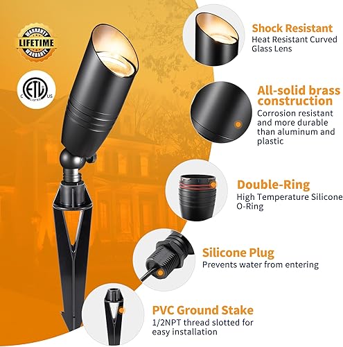 Miniatura 2 de Foco de paisaje de latón macizo negro, 12 V CACC impermeable, luces LED para exteriores, iluminación de bajo voltaje con cable para patio, jardín,