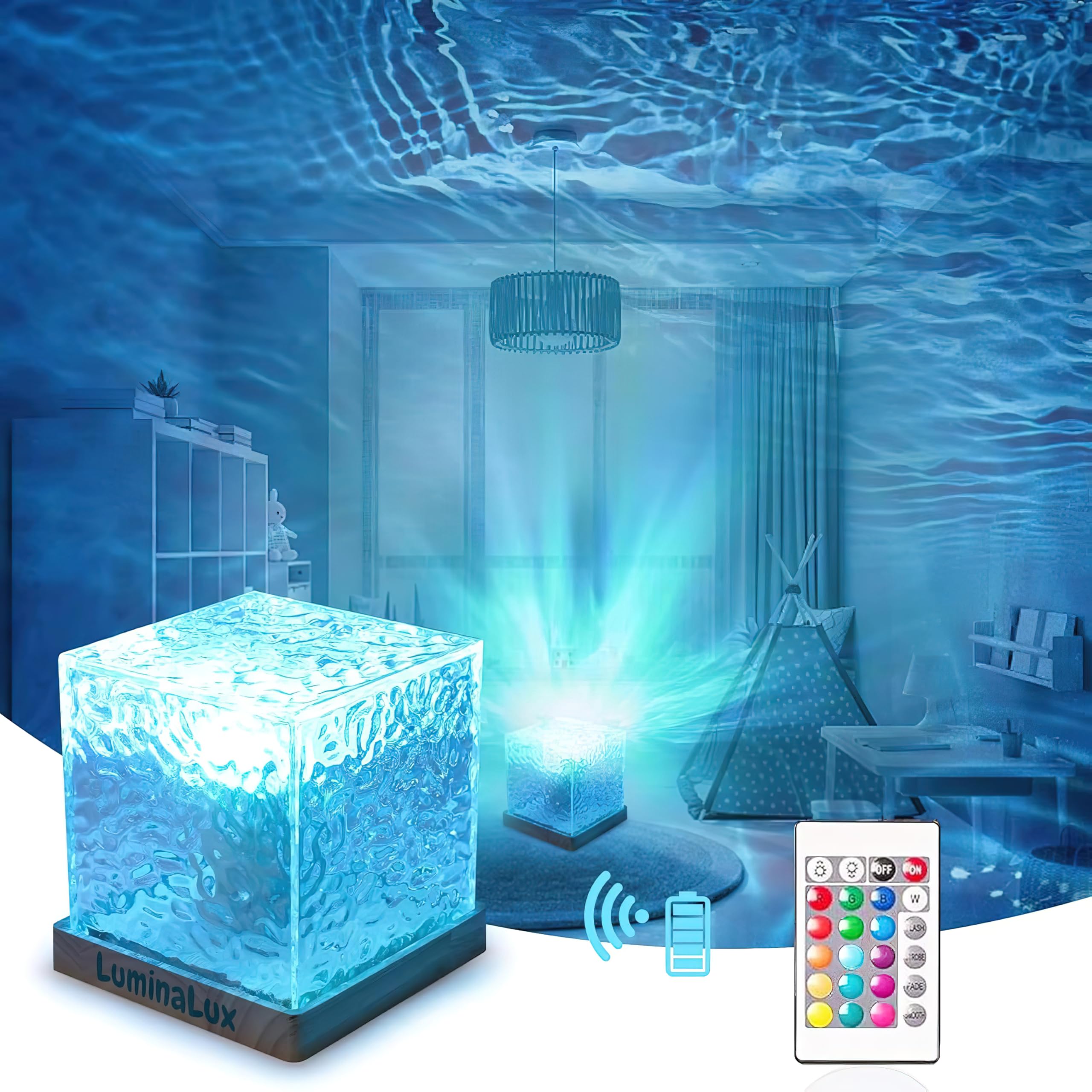 LuminaLuxLight Projector, 16-Color RGB LED Crystal Cube Lamp, Remote Control Dimmable Ocean Wave Lamp for Bedroom, Living Room, Nightstand, Party, Romantic Lighting Decoration