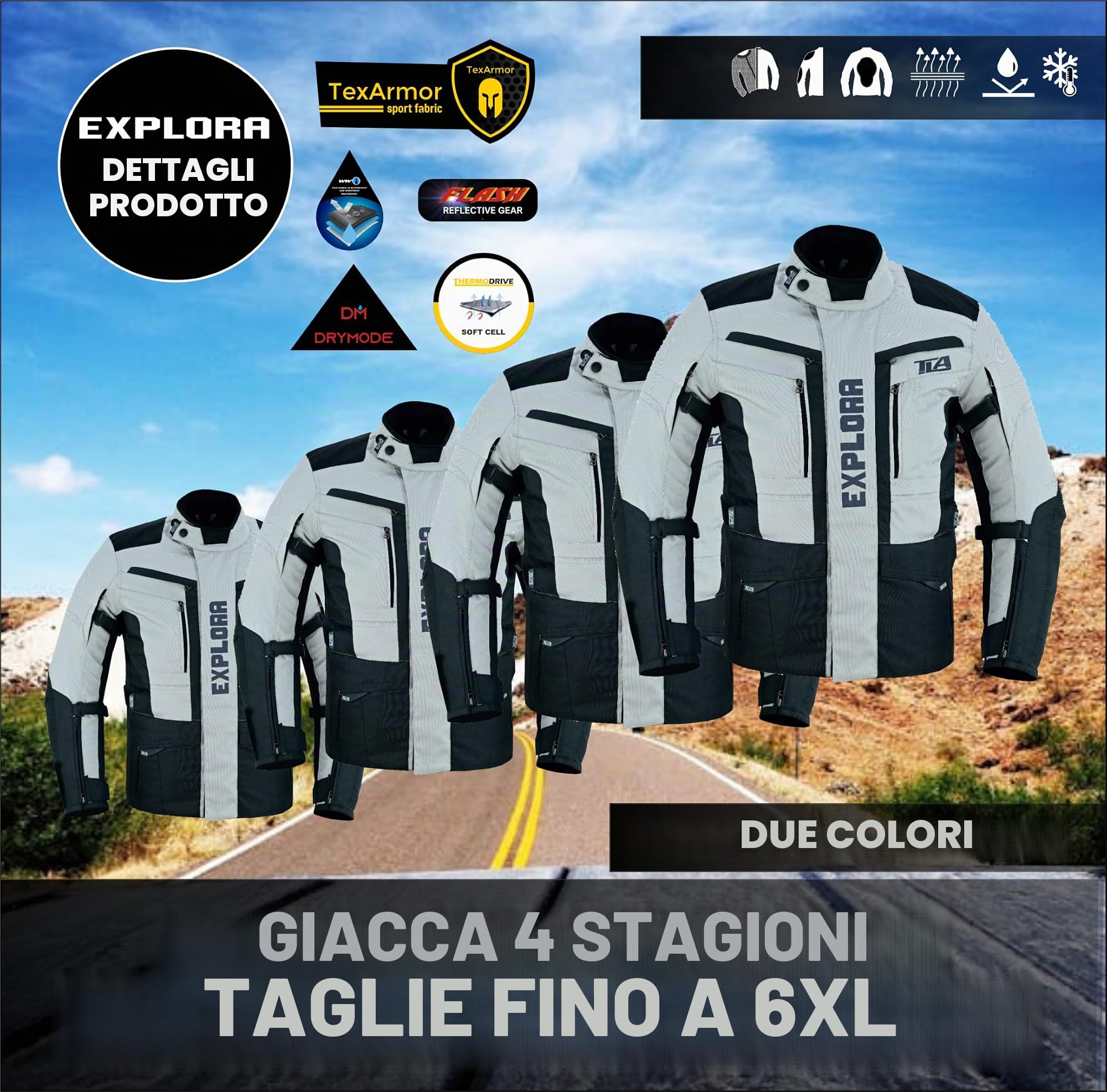 TLA EXPLORA Giacca Moto con Protezioni a 2 Strati, 4 Stagioni | imbottitura staccabile, traspirante, Taglie sino 7XL unisex per Uomo e Donna, Giubbotto moto enduro, quad, atv, motoslitta.