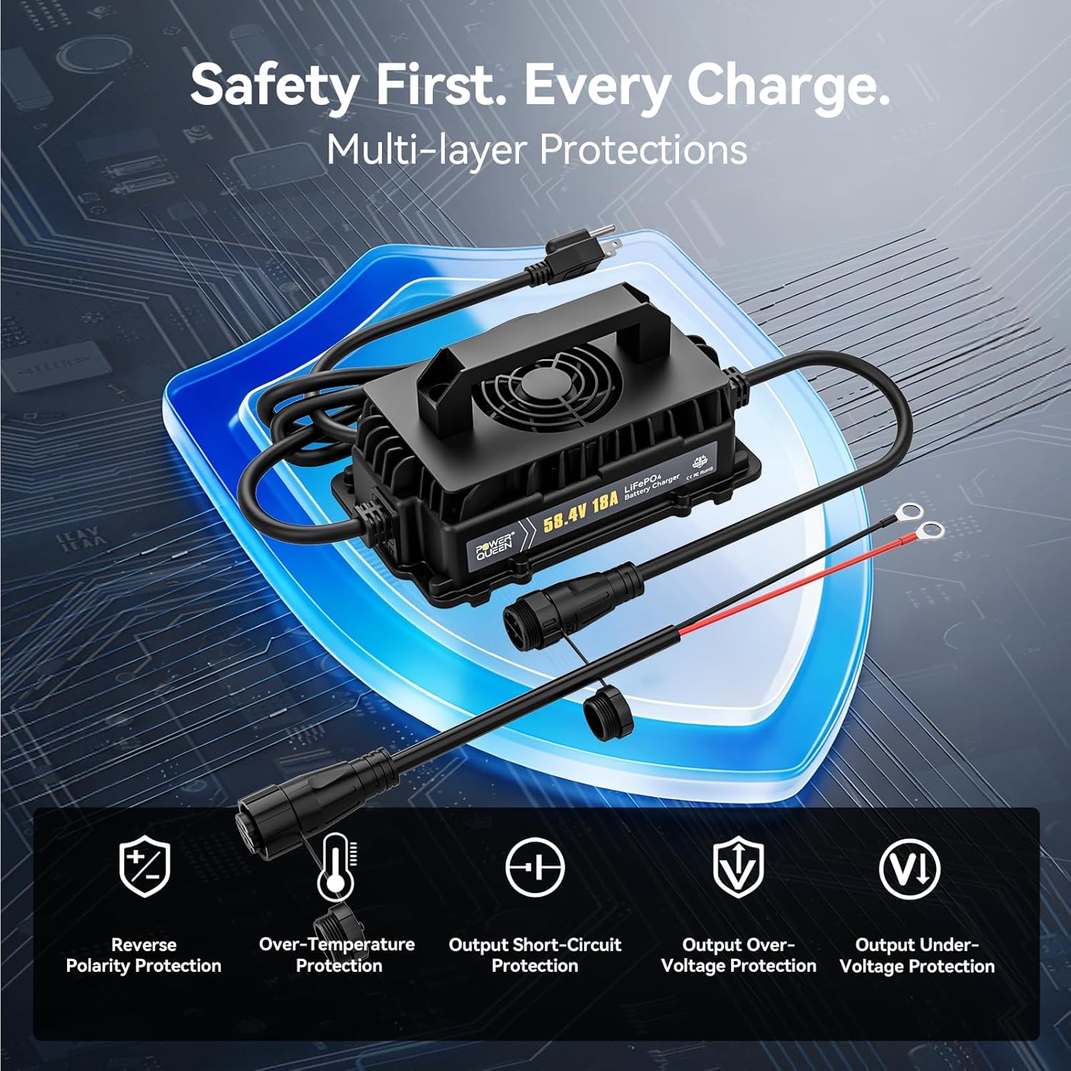 Power Queen 48V (58.4V) 18A LiFePO4 Battery Charger IP65 Waterproof Dustproof for 48V Lithium Battery, Smart Fast Charging Lithium Battery Charger for 48V Golf Cart, Boat and Home