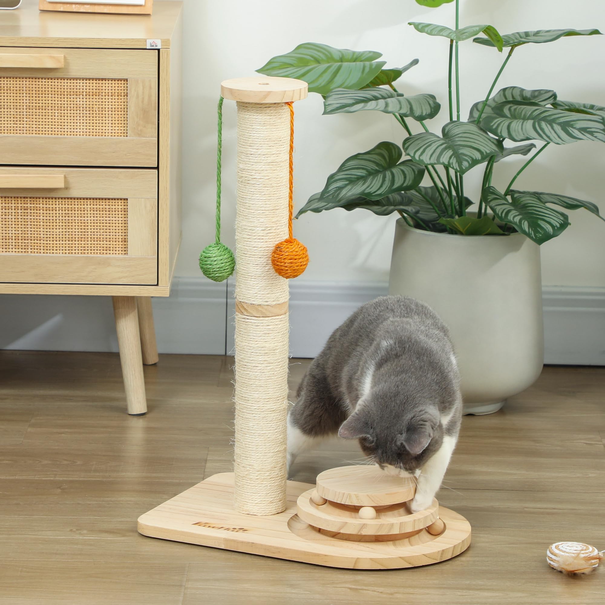 PawHut Tiragraffi 56,5 cm con sisal legno naturale | Grattatoio con 3 palline sospese, palla a tracciato