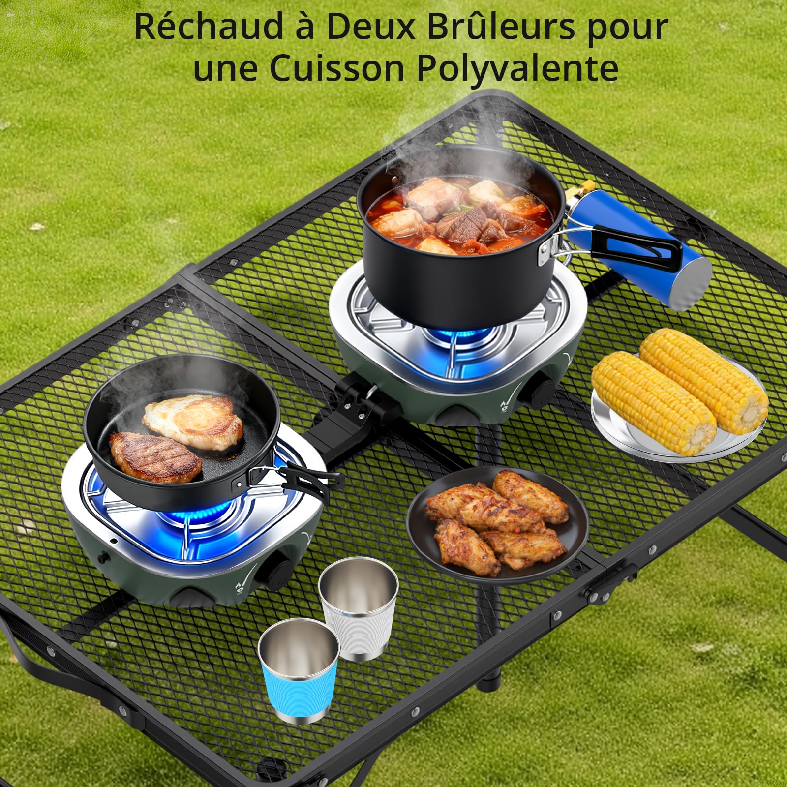 Anbte Réchaud Gaz Pliable Double Brûleur Vert 20000 BTU | Léger Compact, Allumage Piézo, Compatible Isobutane, Sac de Rangement, Adapté Camping Voiture, Caravane et Randonnée