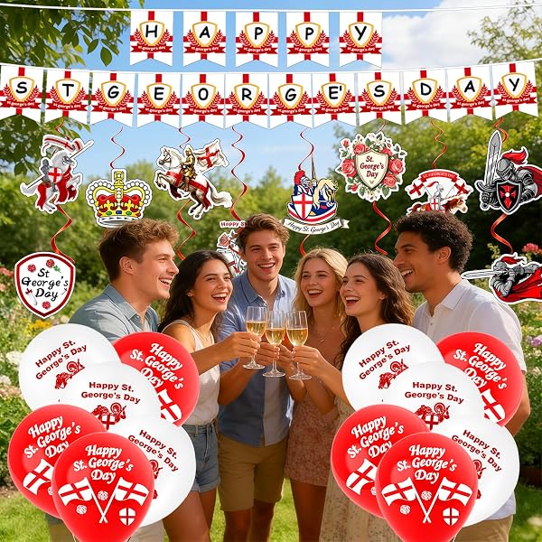 St Georges Day Decorations - Happy St. George's Day Banner, Swirls, Balloons for England National Backdrop Decorations - 4
