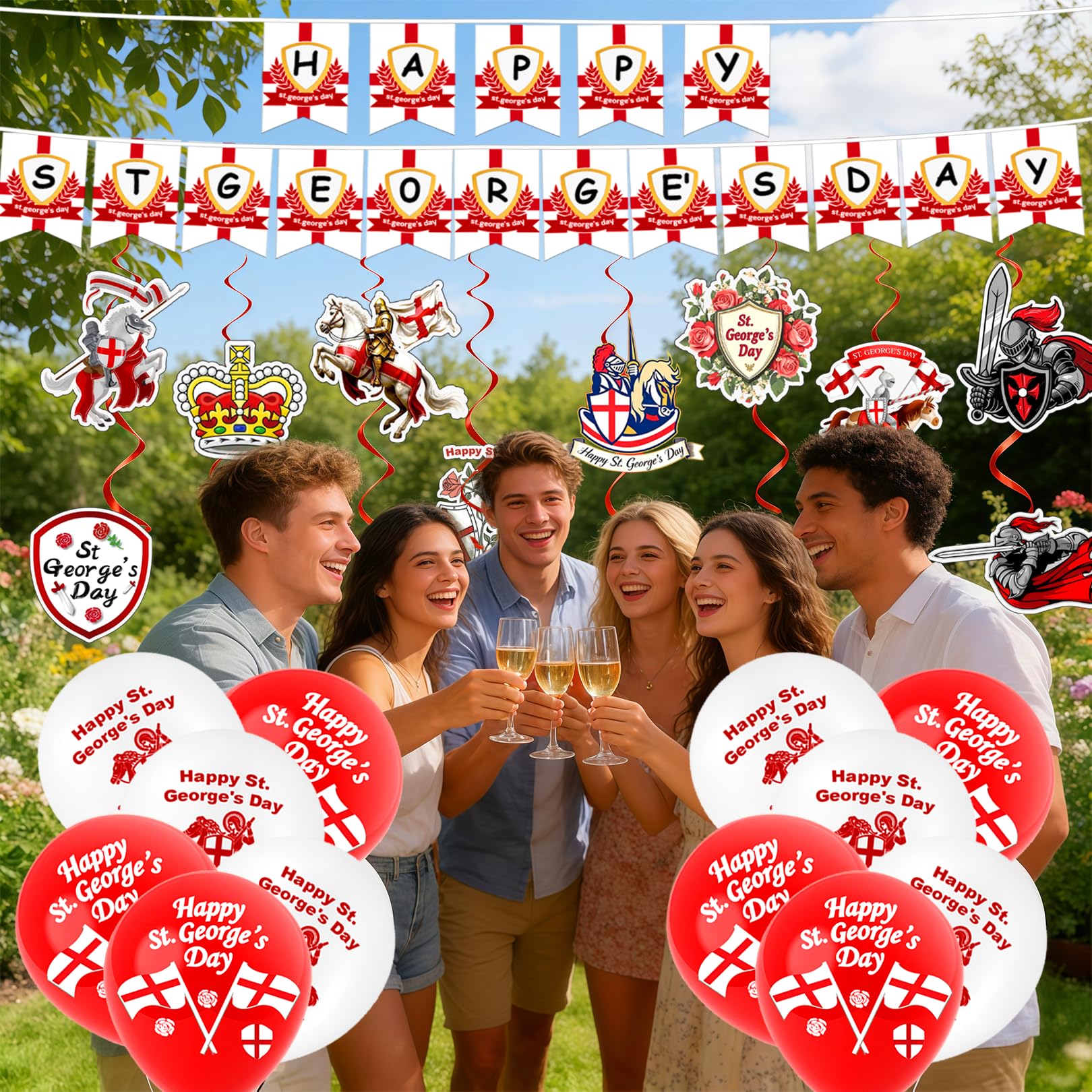 St Georges Day Decorations - Happy St. George's Day Banner, Swirls, Balloons for England National Backdrop Decorations — view 4