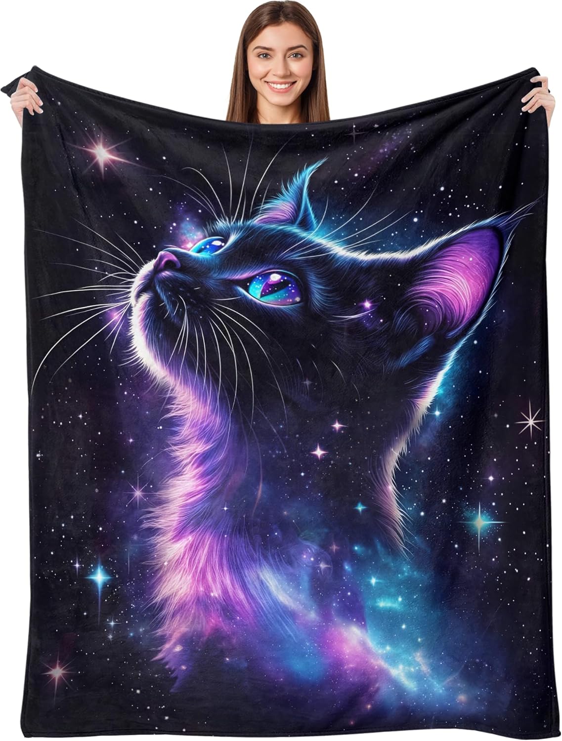 kampdream Galaxy Space Cat Flannel Blanket, Nebula and Starry Night Sky, Super Soft and Warm Couch Sofa Living Room Cute Decor Ideal Gift for Teens Girls 50×60 inch - Image 2
