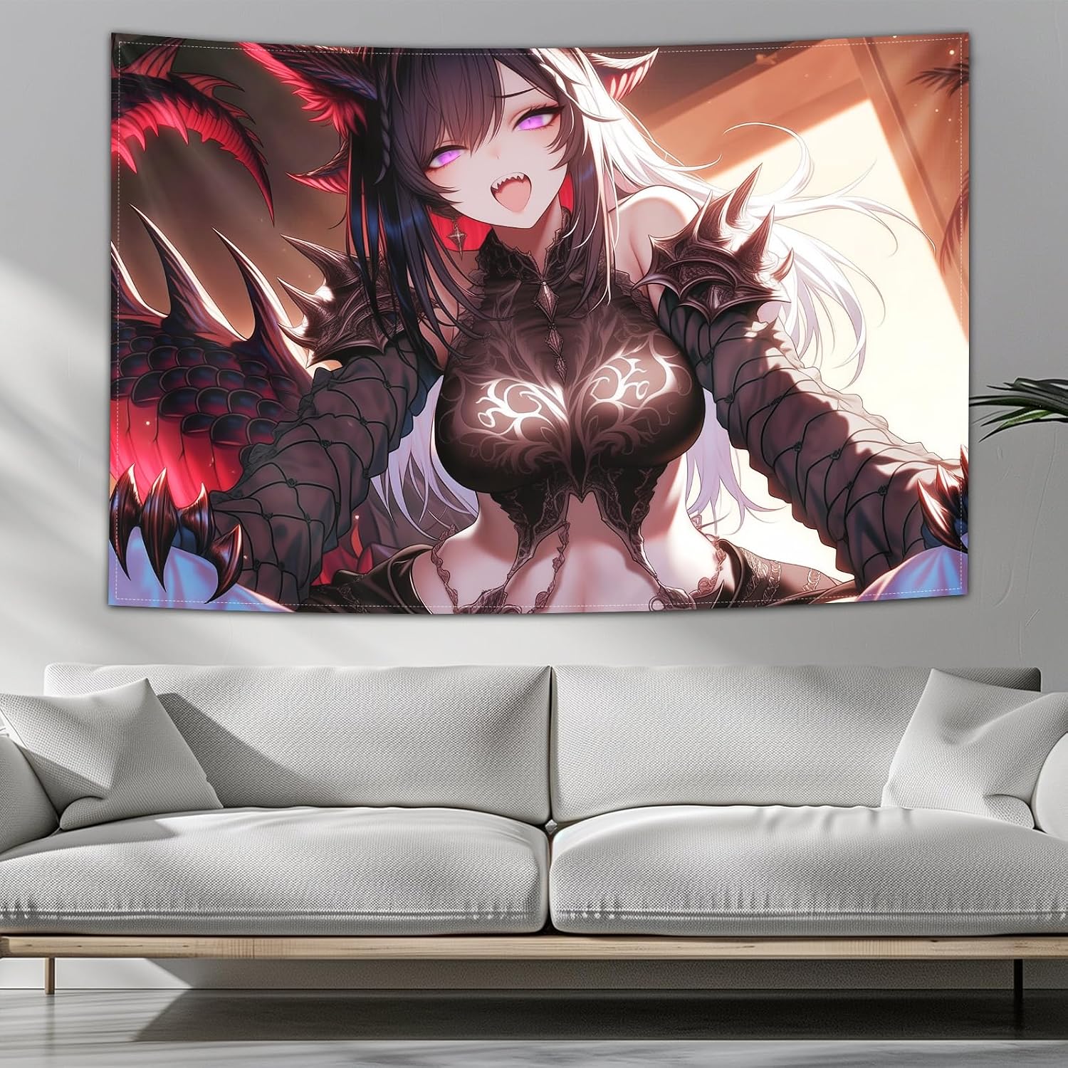 kubaricasy Dark Fantasy Dragon Girl Anime Tapestry Wall Hanging, Sexy Anime Waifu Tapestries, Battle Station Backdrop & Mancave Decor, Bedroom, Gamer Room Setup, Dorm, 150 x 100 cm 60"x40" image 3