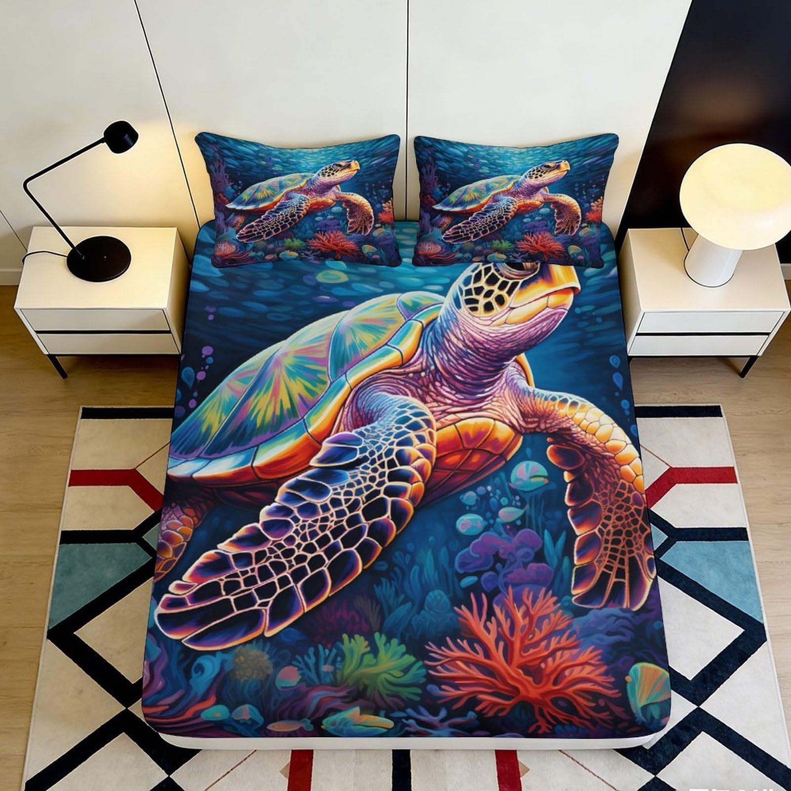 3D Printed Sea Turtle Fitted Sheet Microfiber Soft Vibrant Ocean Coral Mattress Cover for Bedroom Dorm Room Decor 90x200x25cm