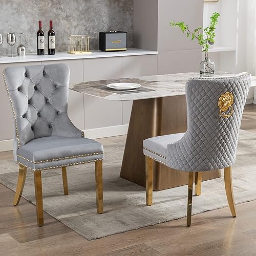 Miniatura 22 de KCC Juego de 2 sillas de comedor tapizadas de terciopelo, modernas sillas capitoné con botones con anillo de cabeza de león y patas de acero Patas