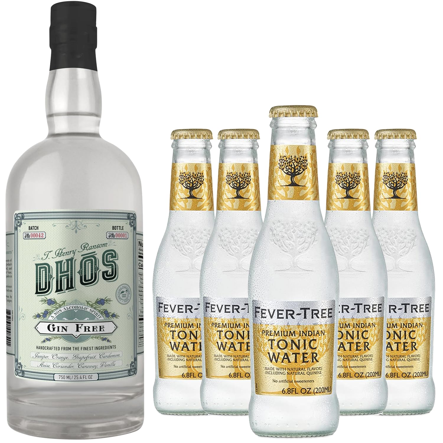 Dhos Handcrafted Non-Alcoholic Gin w 5 Pack Fever Tree Premium Tonic Water - Keto-Friendly, Zero Sugar, Zero Calories, Zero Proof - 750 ML - Perfect for Mocktails - Made in USA