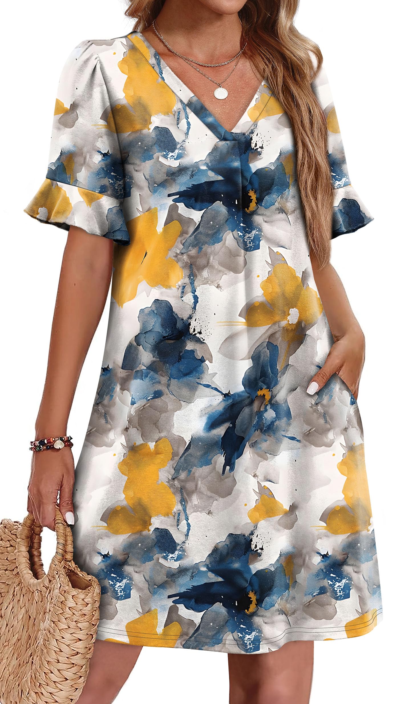 OFEEFAN Summer Dresses for Women Ruffle Short Sleeve V Neck Casual Shift Dress with Pockets