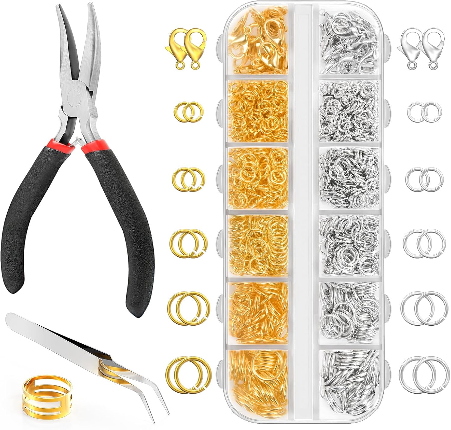 1200 Pcs Jump Rings for Jewelry Making Supplies, Necklace Repair Kit with Plier, Tweezer, Lobster Claw Clasps, Open Rings for Crafts & Keychains (1200Pcs Silver and Gold)
