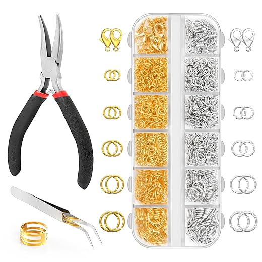 1200 Pcs Jump Rings for Jewelry Making Supplies, Necklace Repair Kit with Plier, Tweezer, Lobster Claw Clasps, Open Rings for Crafts & Keychains (1200Pcs Silver and Gold)