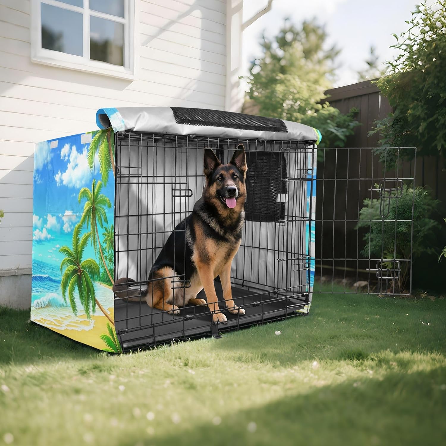 Tropical Beach Palm Trees Dog Crate Cover Washable, S-XL Water-Resistant Cage Cover for Indoor Pets, X-Large