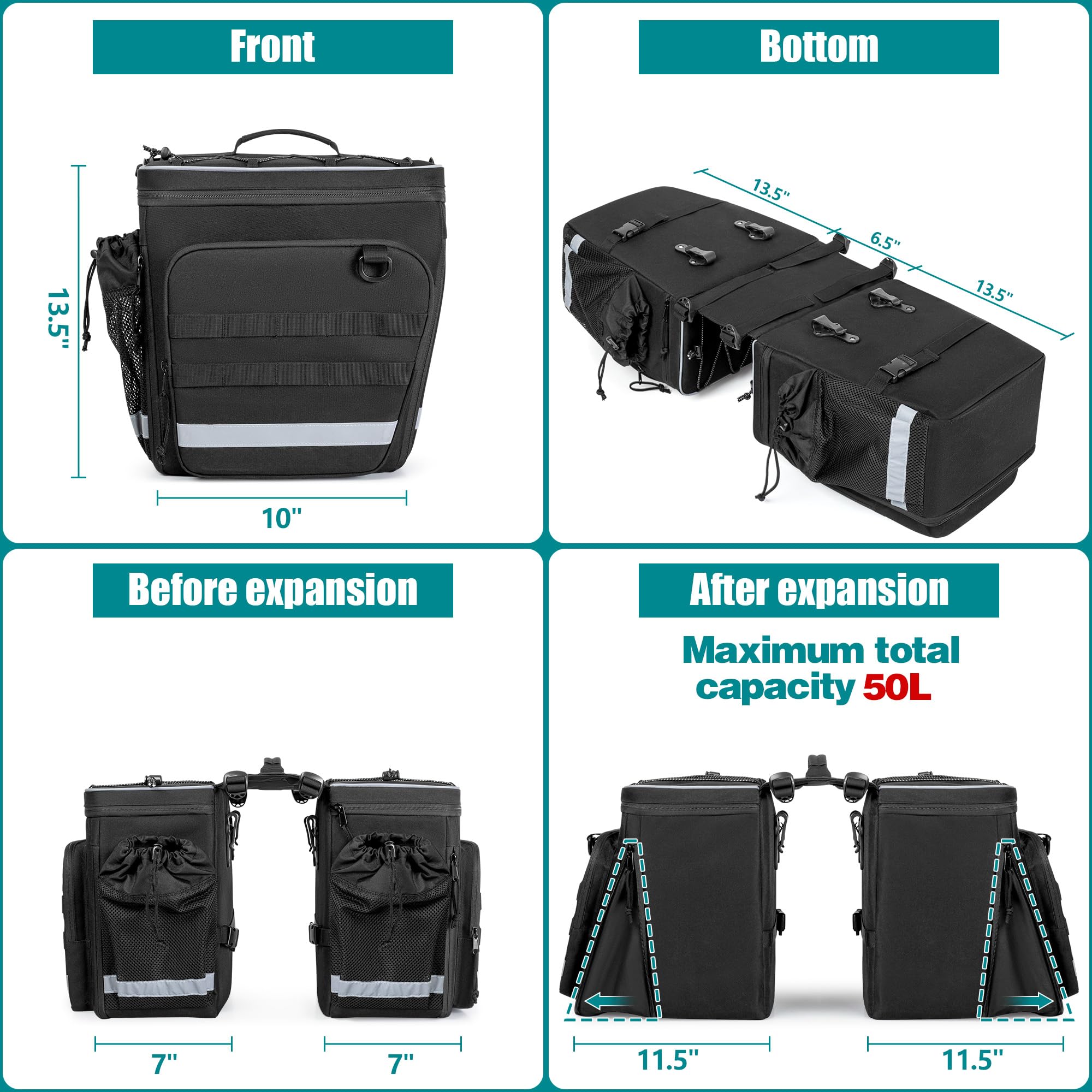 Marscamd Alforjas de bicicleta de 50 litros con cubierta para lluvia, bolsa para sillín de bicicleta con compartimento expandible y múltiples bolsillos, color negro