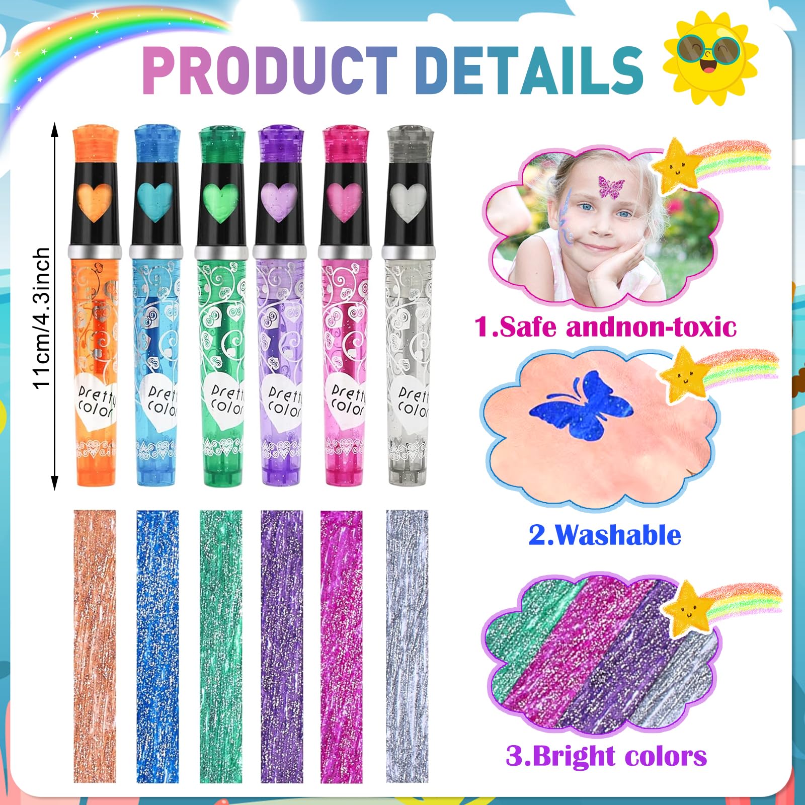 HOWAF 6 Rotuladores Tatuajes Temporales Niños, Rotuladores Purpurina Tatuajes Niños y 110 Plantillas de Tatuaje para Niña Niño Fiesta Navidad Halloween Cumpleaños Regalo Niña 4 5 6 7 8 9 10 años