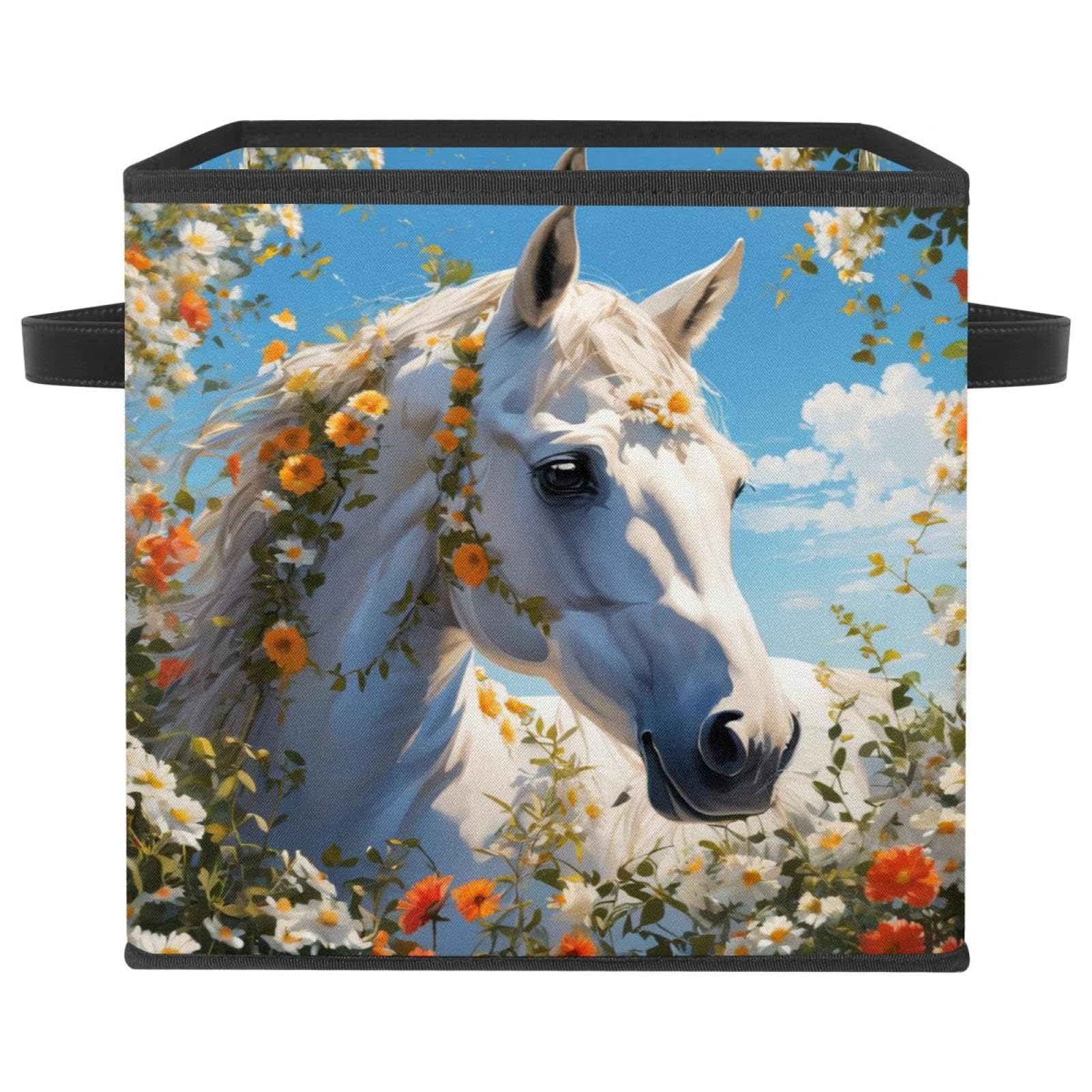 Bac de rangement cube pliable avec poignées cuir et motif cheval