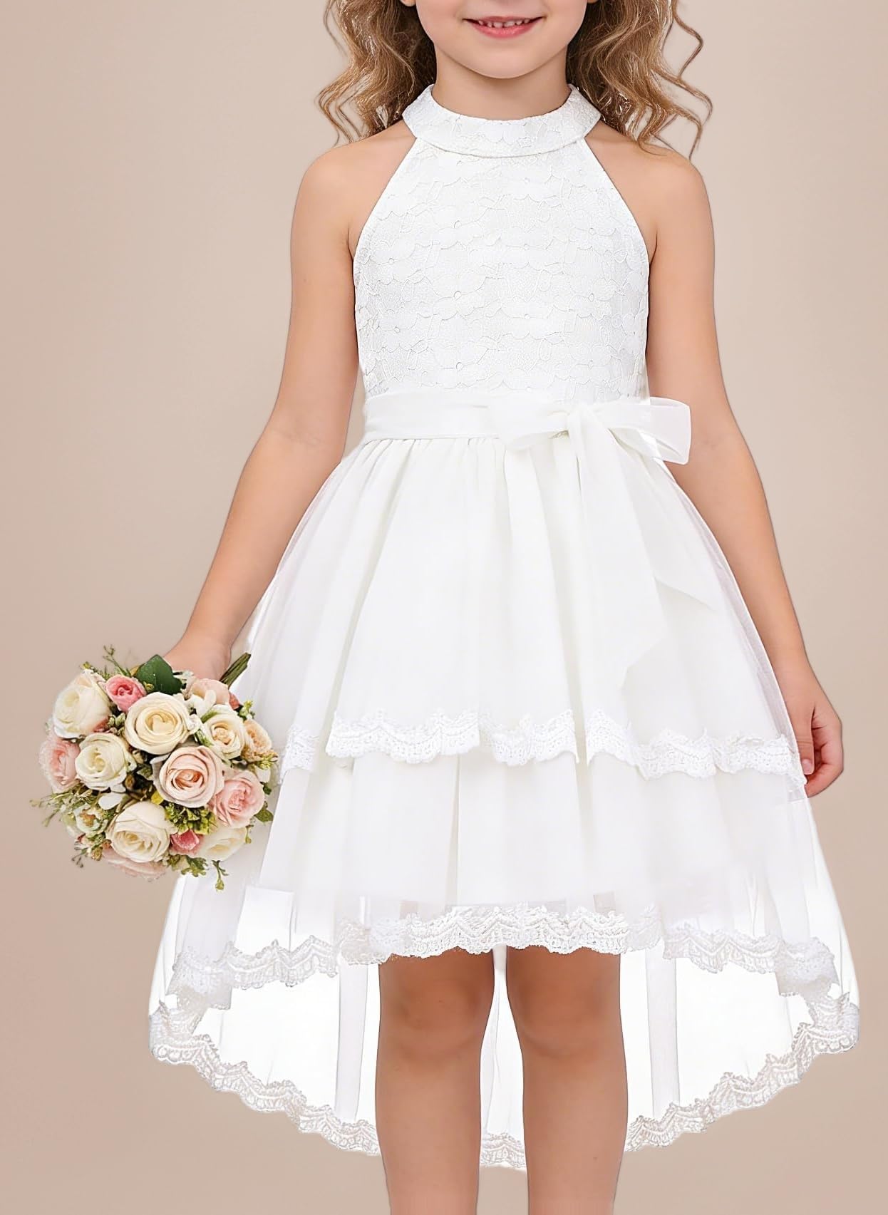 Flower Girls Mesh Wedding Party Dresses Round Neck A-Line Midi Festive Communion Dresses