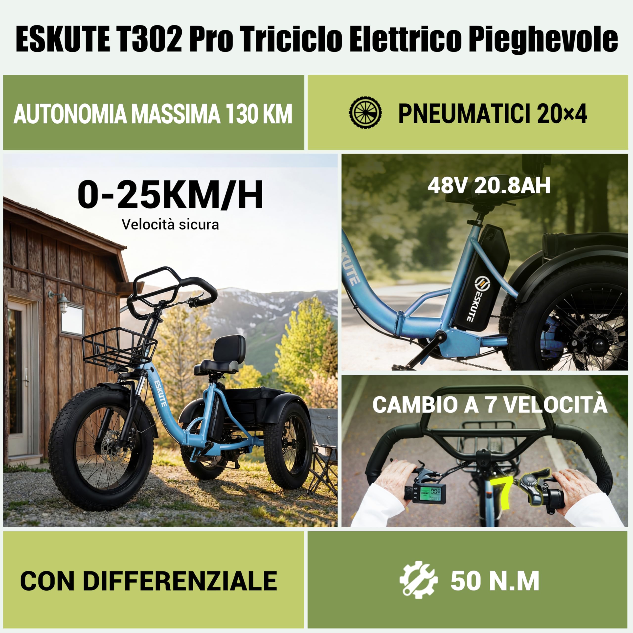 ESKUTE Triciclo Elettrico per Adulti T302 Pro, Fat Bike Elettrica 20×4.0 Pieghevole con Batteria Rimovibile 48V 20,8Ah, eBike a Tre Ruote con Motore 65Nm, Cambio 7 Velocità, Autonomia fino a 130 km