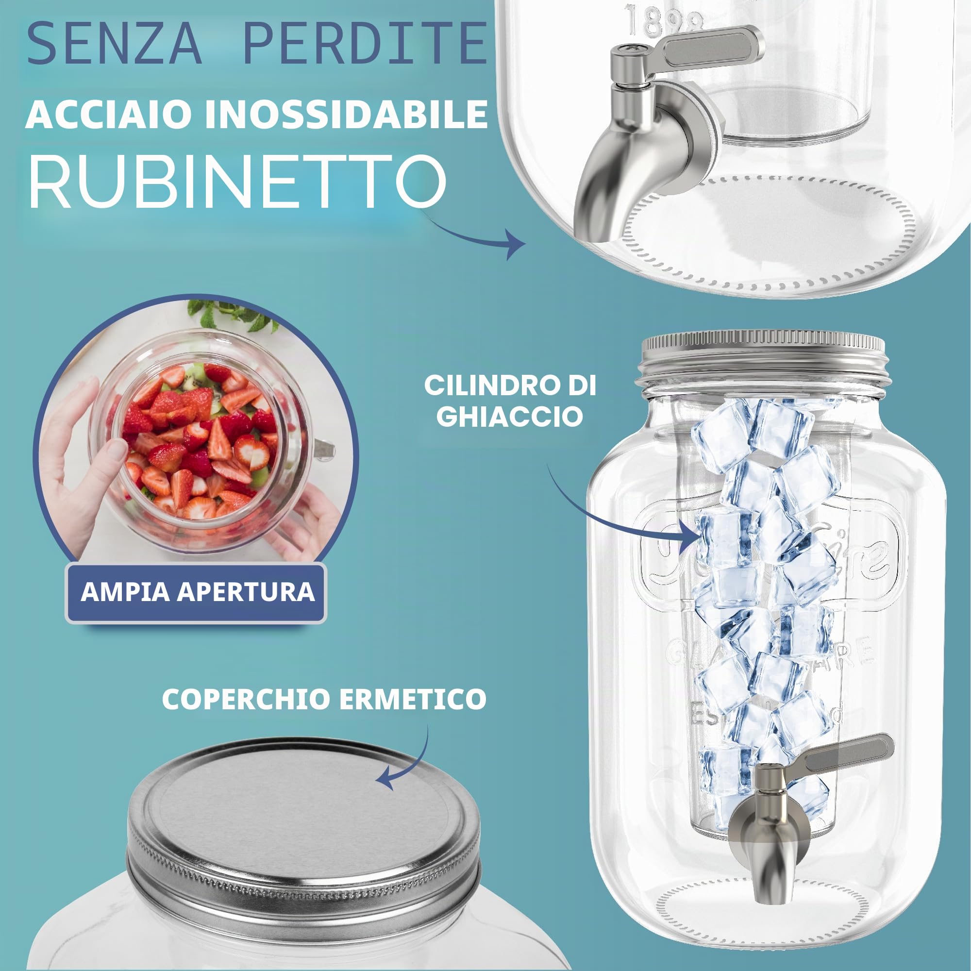 HEFTMAN Distributore bevande vetro 3,7 litri rubinetto acciaio inox a prova di perdite cilindro ghiaccio