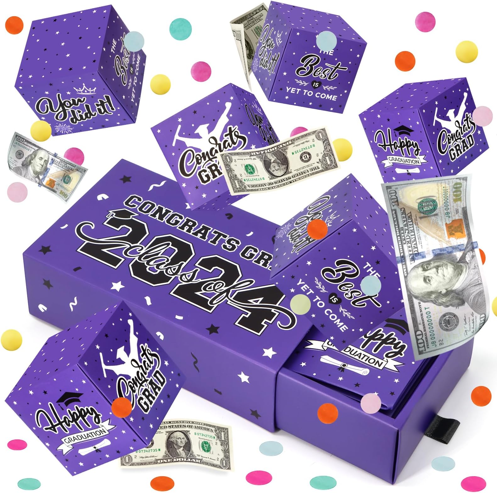 Graduation Surprise Gift Box Explosion for Money - 8 Pcs Grad Pop Out Folding Bounce Money Gift Box with Confetti - Cash Gift Idea for Grad - Graduation Money Bank Party Supply (Purple)