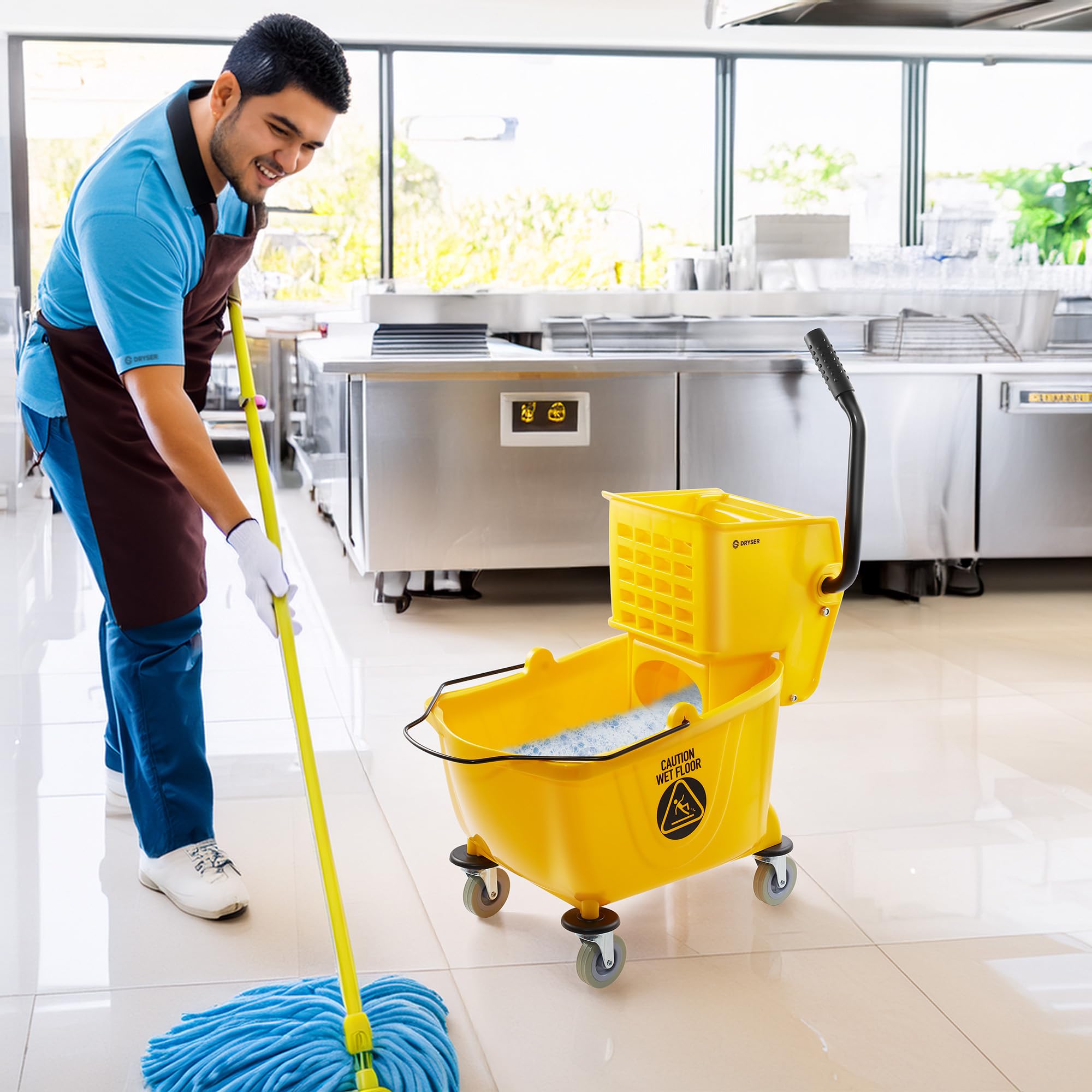 Dryser Cubo de fregona comercial con escurridor de prensa lateral, 26 cuartos de galón, amarillo