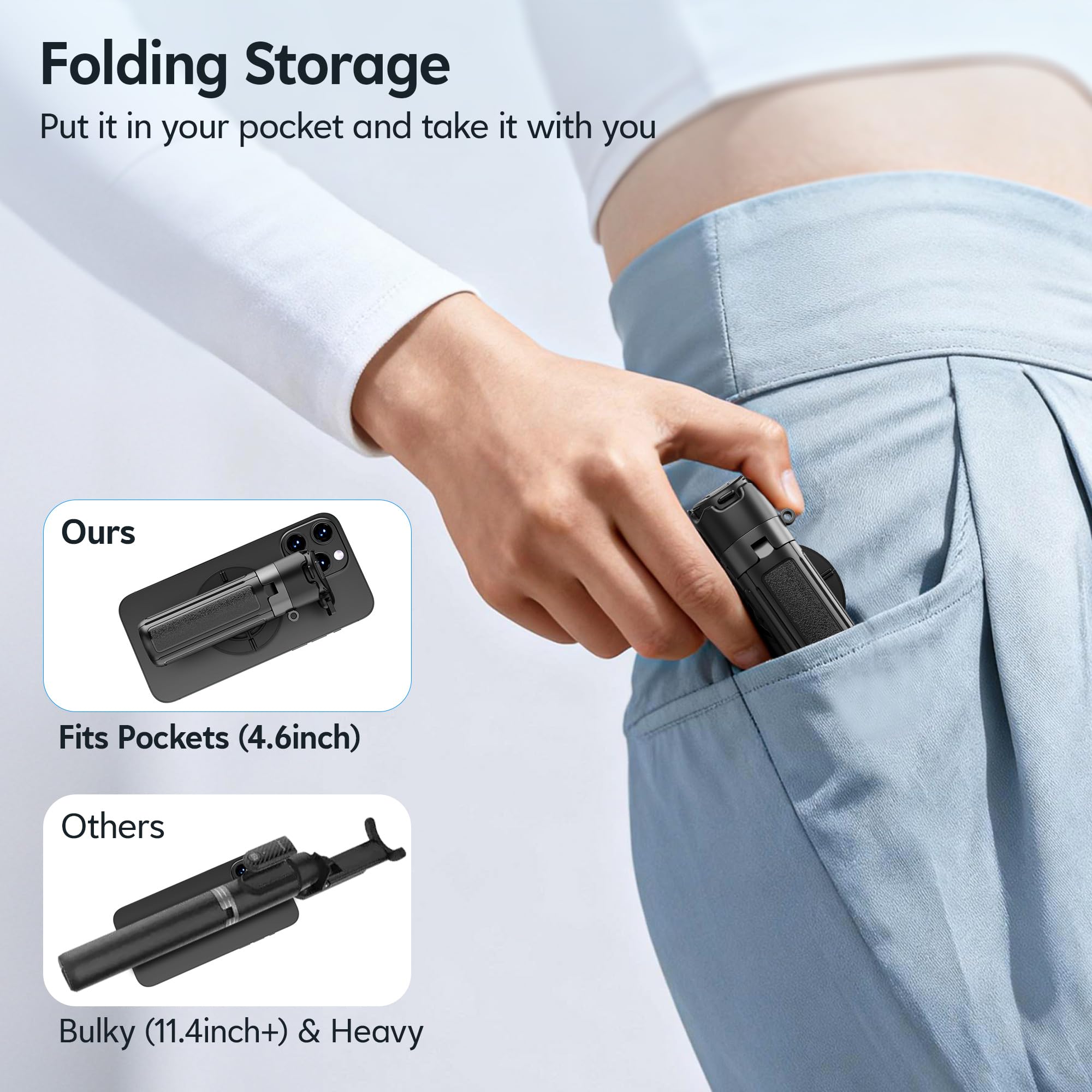 Mini selfie stick magnetico per iPhone, 4 in 1, treppiede portatile tascabile per iPhone MagSafe/Android con supporti remoto/cold shoe, treppiedi piccolo/compatto per cellulare, per scrivania, viaggi