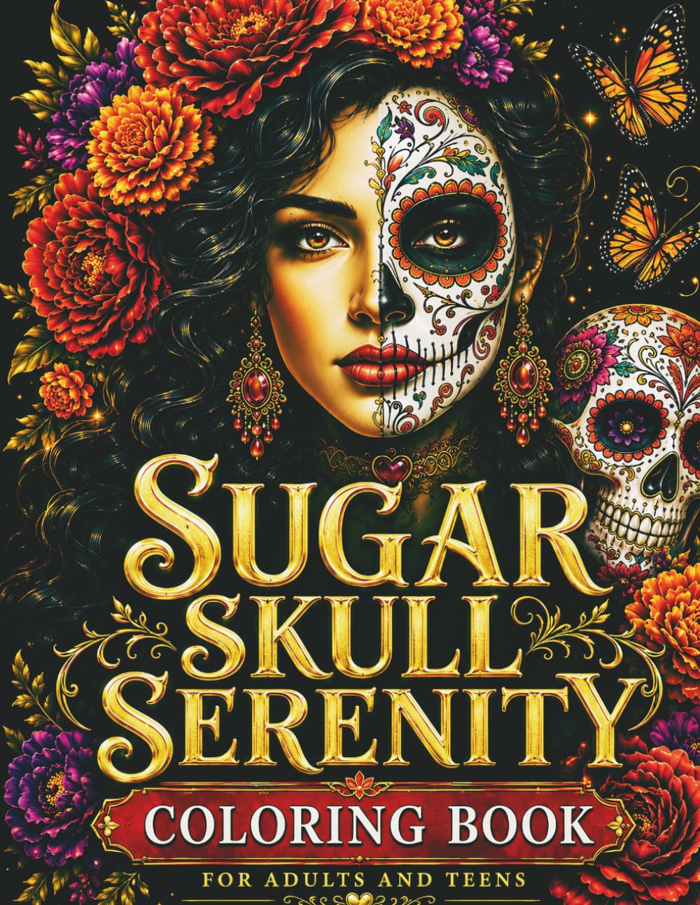Sugar Skull Serenity: Coloring Book for Adults and Teens: 50 Día de los Muertos Calavera Designs with Marigolds, Mandalas, Flowers, Papel Picado & Relaxing Folk Art Patterns