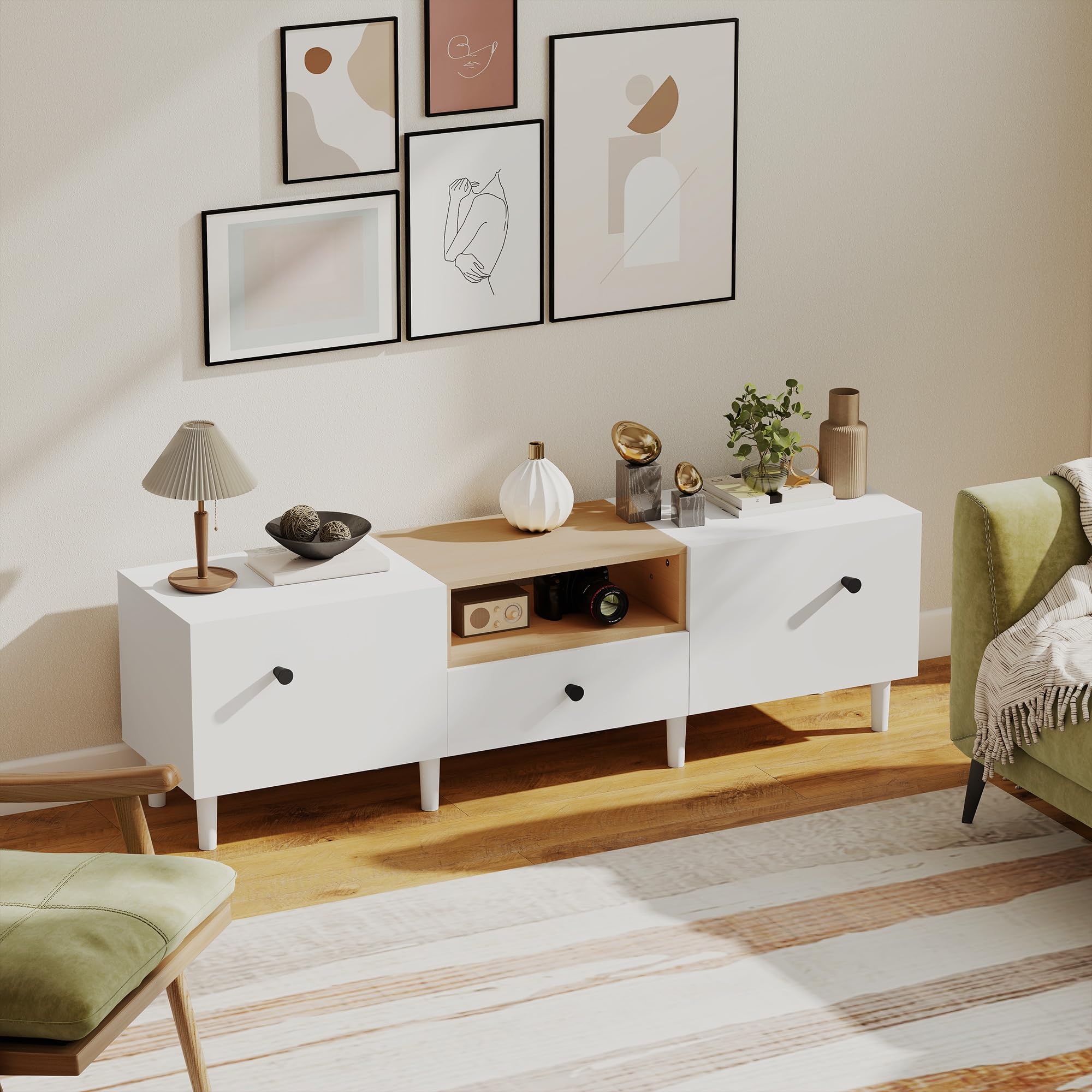 HOMCOM Mobile TV con 2 Ante a Ribalta, Cerniere Soft Close, Cassetto e Ripiano Aperto, Mobile Porta TV Fino a 70", 8 Gambe per Soggiorno o Camera da Letto, 150x35x45 cm, Bianco e Color Legno