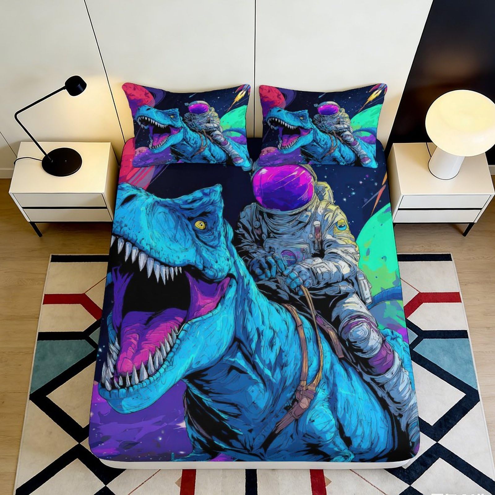Pnayamiorkfel Style-9 3D Printed Dinosaur Astronaut Fitted Sheet Microfiber Soft Breathable Space Adventure Bed Cover For Bedroom Dorm Decor 90X200x25cm