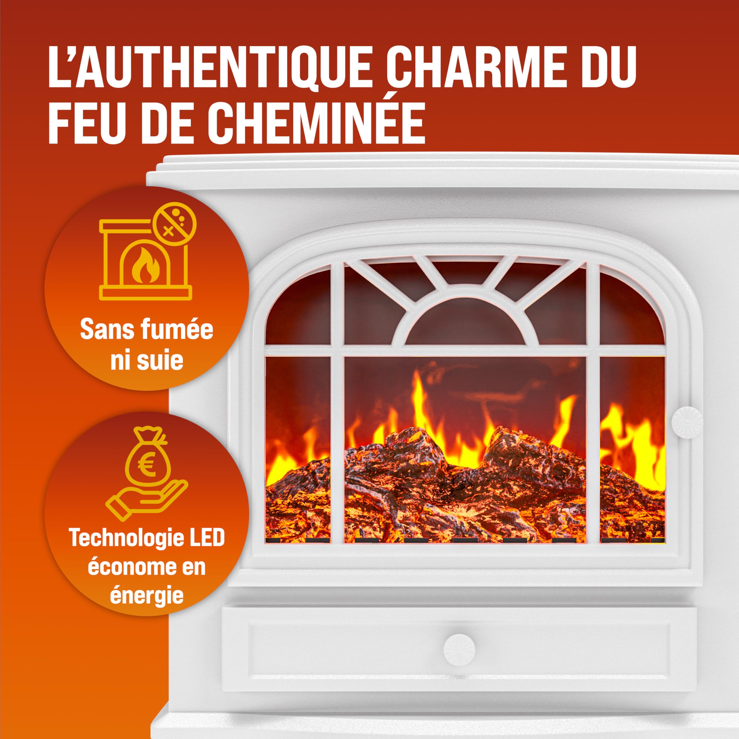 DEUBA® Cheminée électrique Effet Flamme 2000 W 2 Niveaux de Chauffage électrique soufflerie radiateur Chauffant LED cheminée décoration Blanc