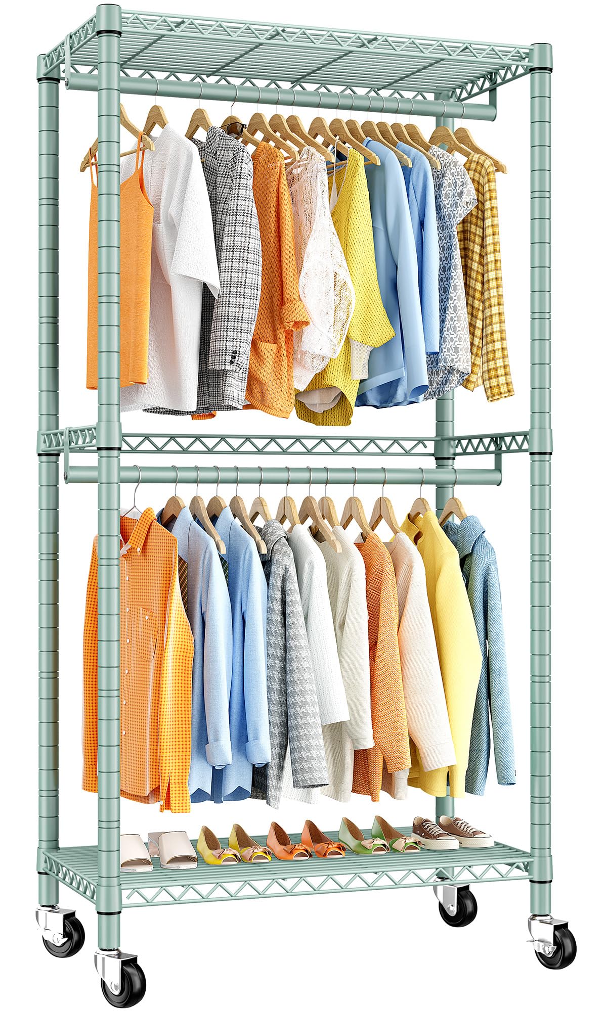 Raybee Heavy Duty Clothes Rack,Clothing Rack with Wheels,Rolling Clothes Rack for Hanging Clothes,Portable Closet with Wheels Shelves for Bedroom,Closet Storage System Grenn