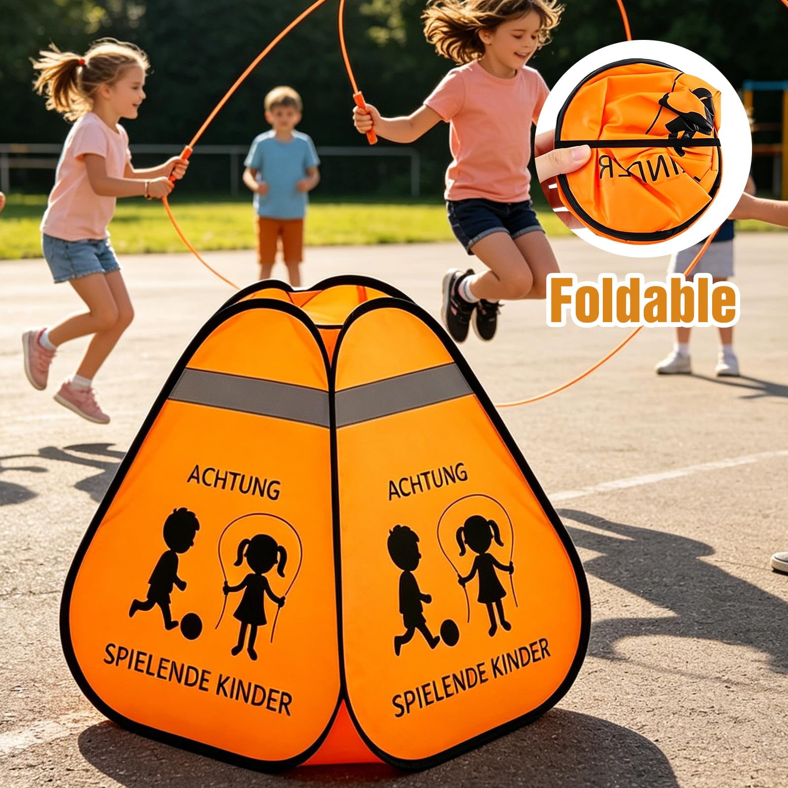 2 Stück Straßenwarnschild Achtung, Achtung Spielende Kinder, Schild Spielende Pop Up, Straßenwarnschild Kinder Schild, Faltbar Verkehrswarnschilder für Außeneinsatz(Orange)
