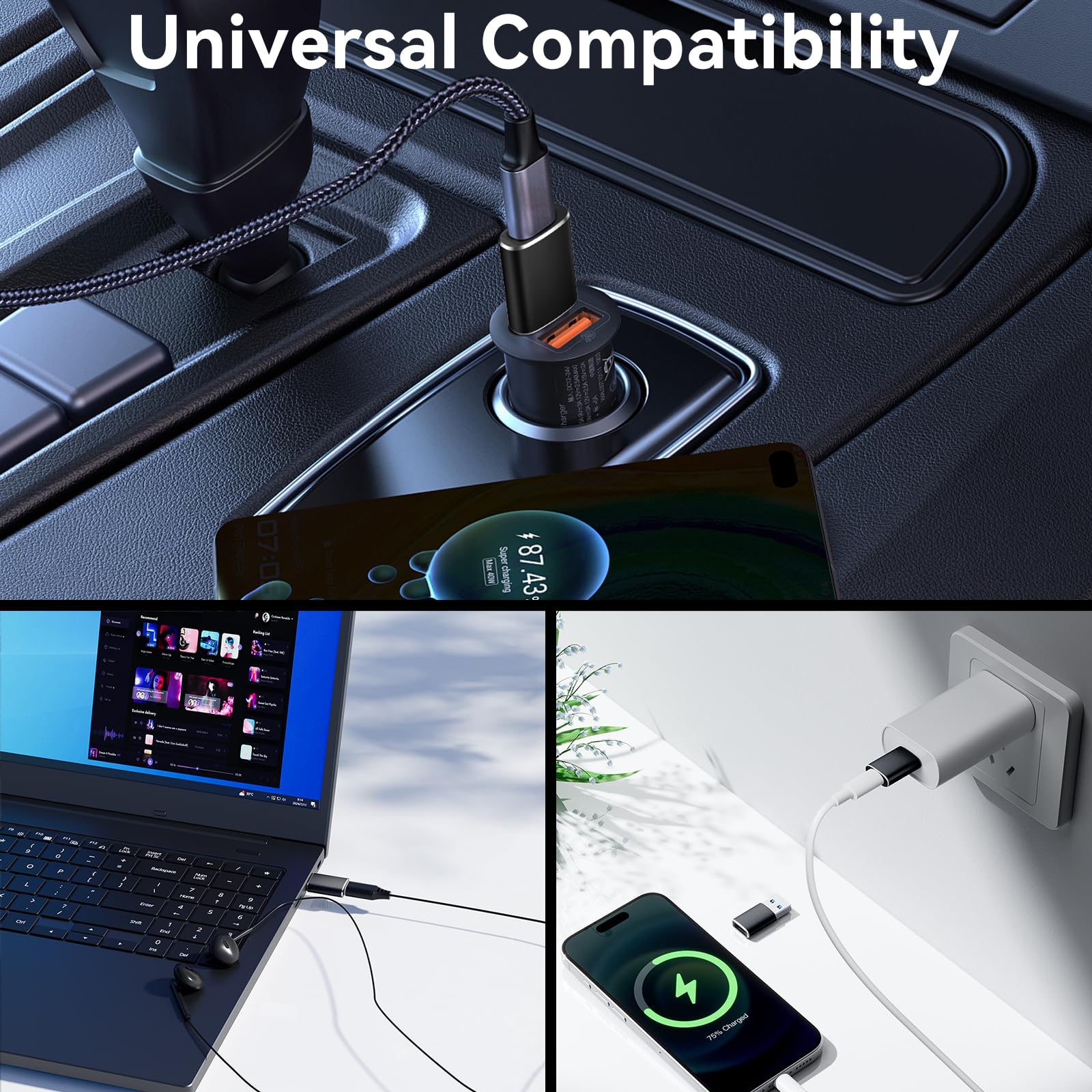 Oumida 【3 sztuki】 Adapter USB na USB C do iPhone 16, 16e, 15, 14 Pro Max Plus, gniazdo typu C na wtyczkę, ładowarka zasilacz do iPad 10 Mini 7 Air 6, Apple Watch 8 9, Samsung Galaxy S25 A55 (czarny)