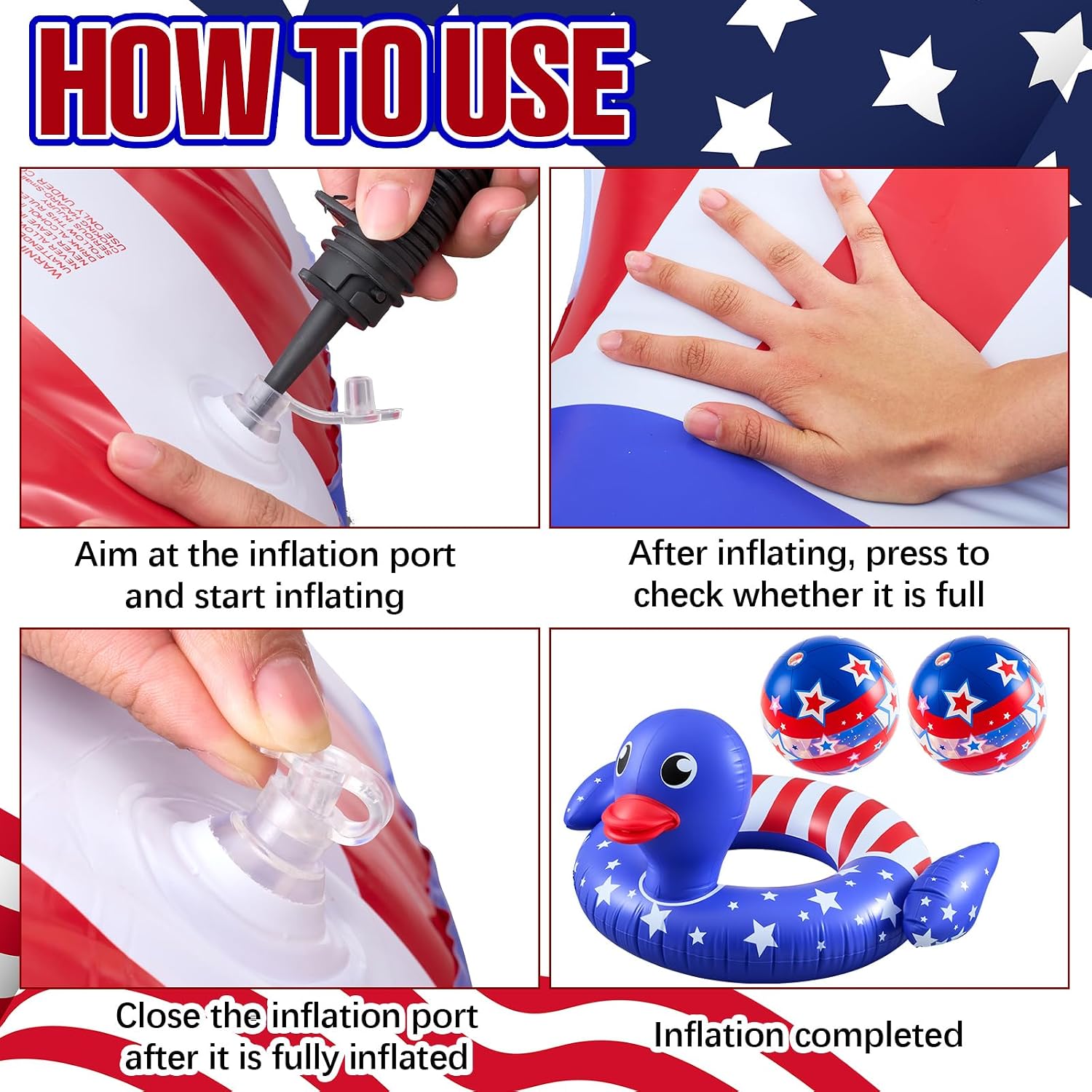 4th of July Duck Pool Float with 2 Beach Balls, 45'' Giant Patriotic Floaties Swimming Tube for Adults, 250th Anniversary Flag Design PVC Floating Raft for Independence Day Party Decor