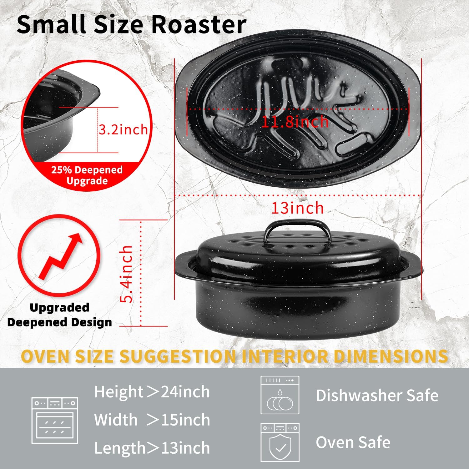 JY COOKMENT Granite Roaster Pan, Small 13” Enameled Roasting Pan with Domed Lid. Oval Turkey Roaster Pot, Broiler Pan Great for Small Chicken, Lamb. Dishwasher Safe Cookware Fit for 7Lb Bird - Image 3