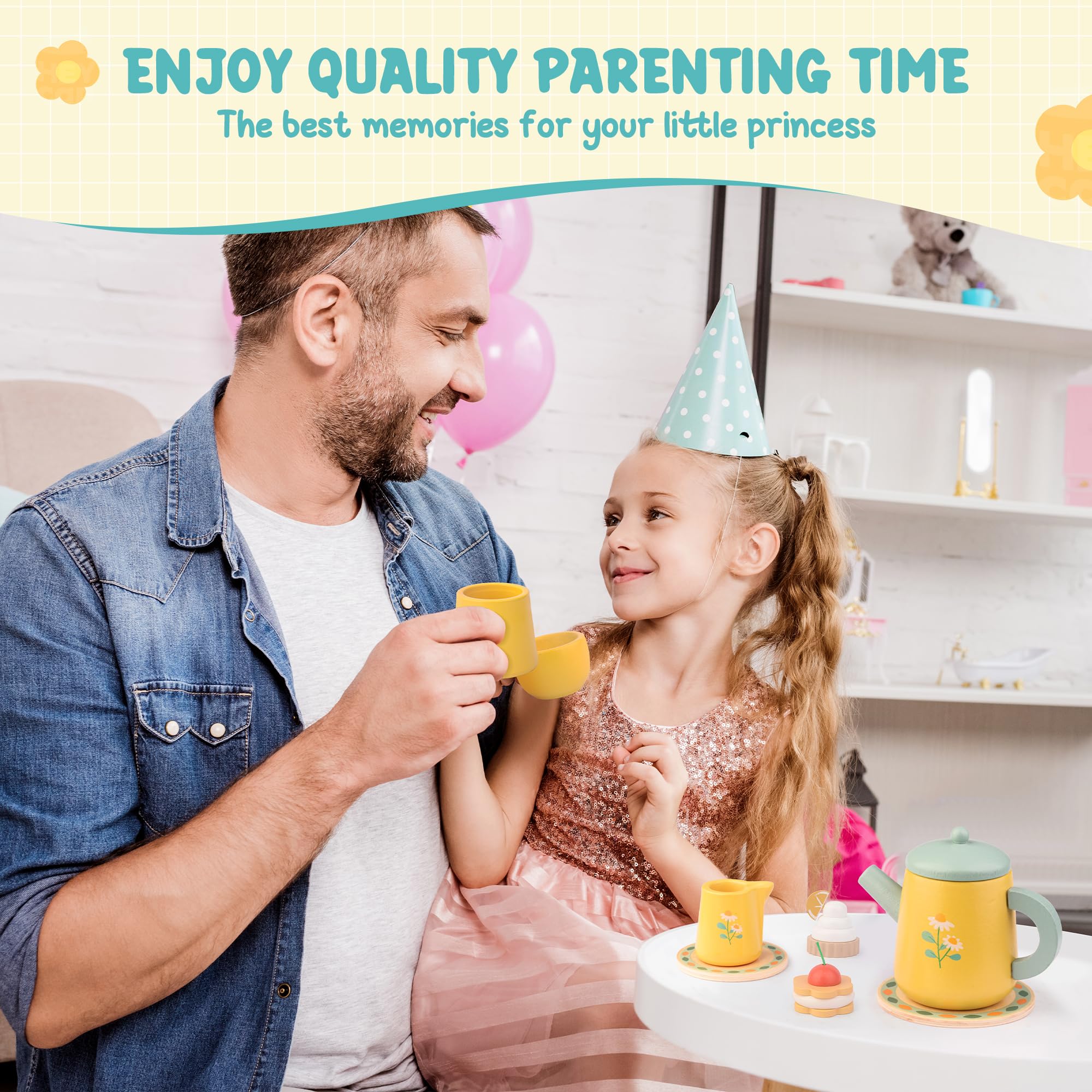 Set da Tè Giochi in Legno, Cucina Giocattolo per Bambini, Accessori Cucina per Giochi di Ruolo, Regalo per Bambine 3 4 5 anni