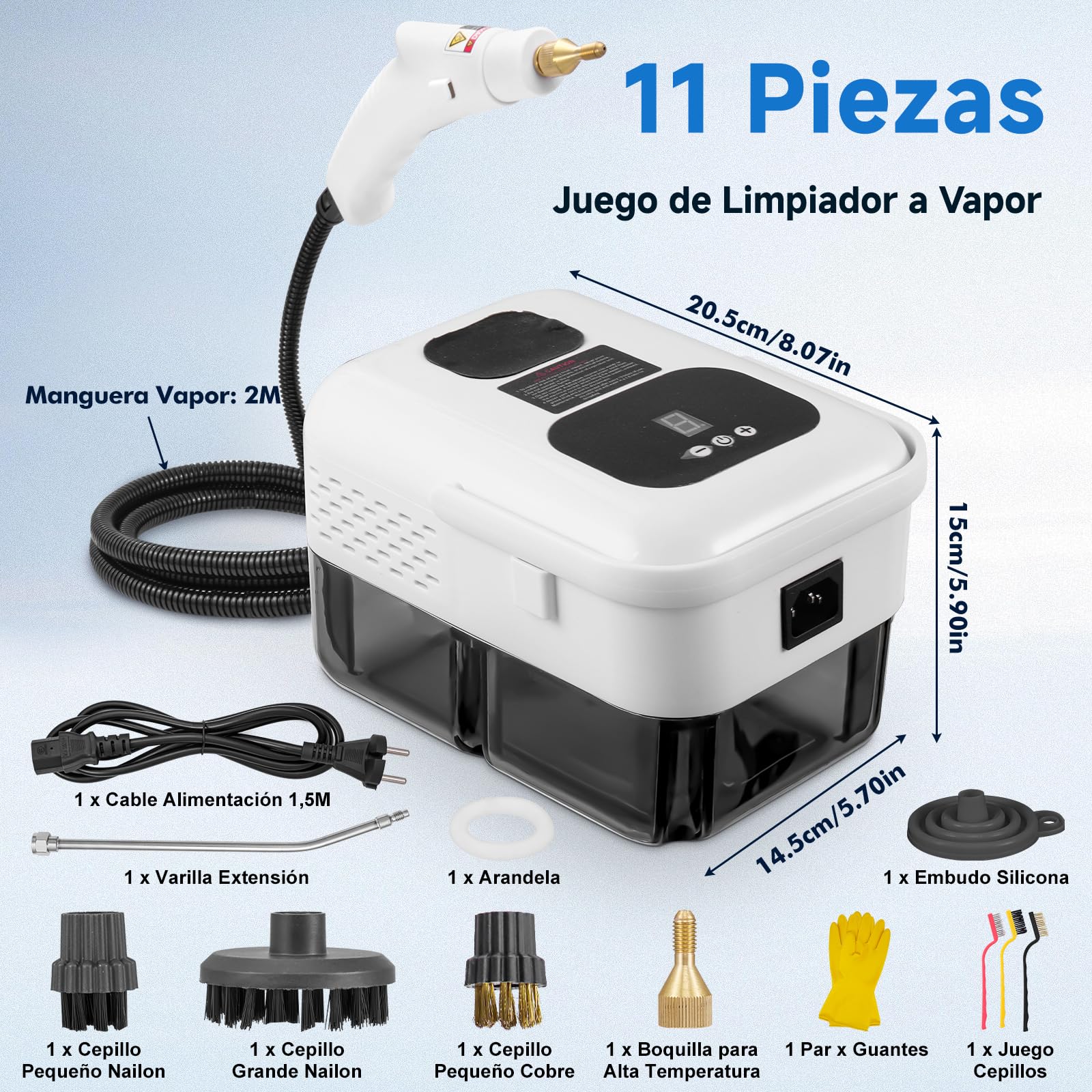 2500W Limpiador a Vapor Portátil, 9 Velocidades Ajustables, con 9 Accesorios, 1,2L Depósito Agua Grande, Steam Cleaner para Baño Patio Azulejos Juntas Suelos (Blanco)